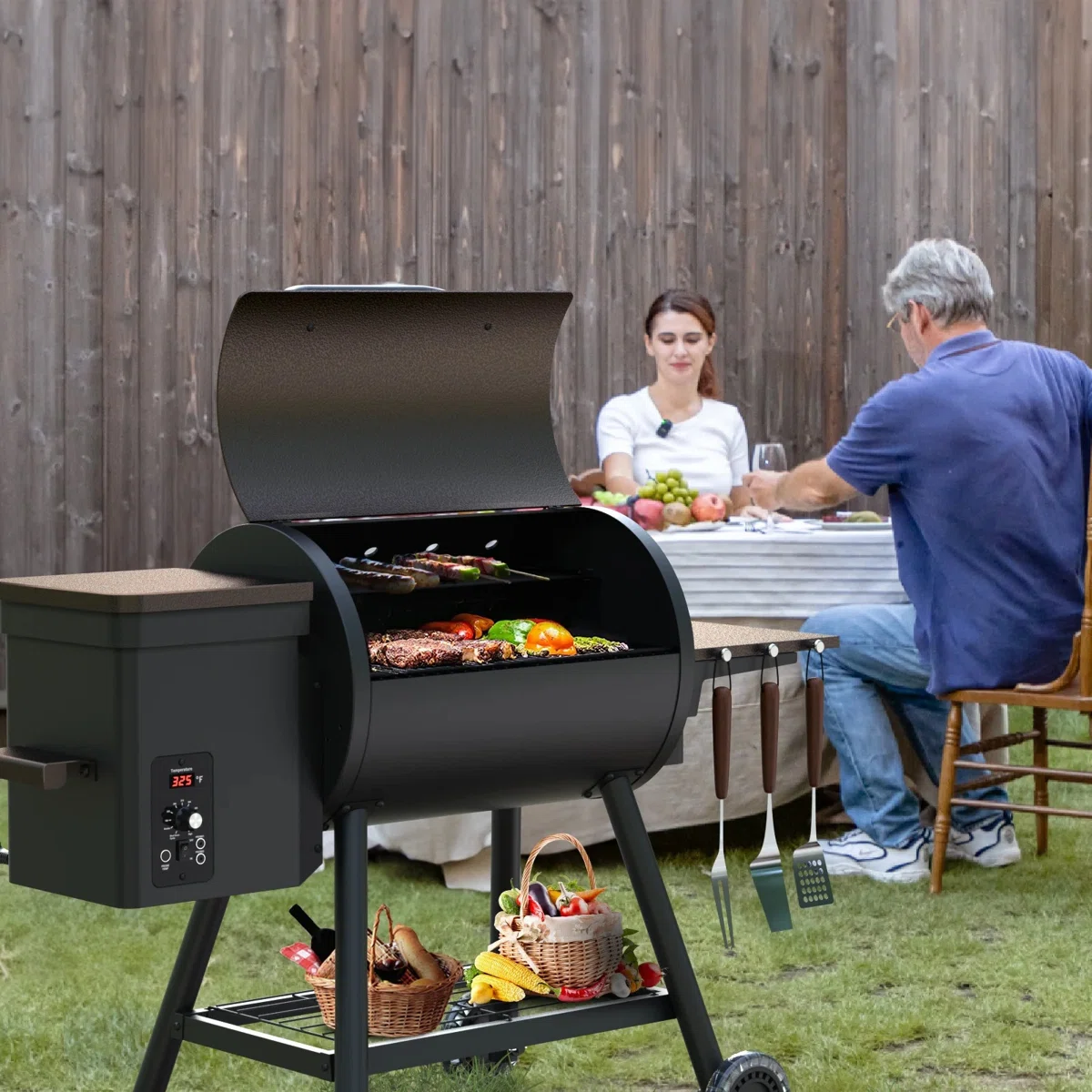 Kingchii 456 SQ.IN Pellet Grill Smoker With Side Shelf, BBQ Grill With PID Temperature Control For Outdoor Cooking, BBQ Camping And Patio