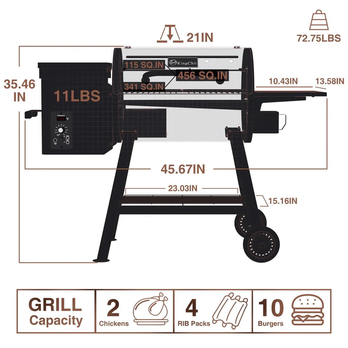 Kingchii 456 SQ.IN Pellet Grill Smoker With Side Shelf, BBQ Grill With PID Temperature Control For Outdoor Cooking, BBQ Camping And Patio