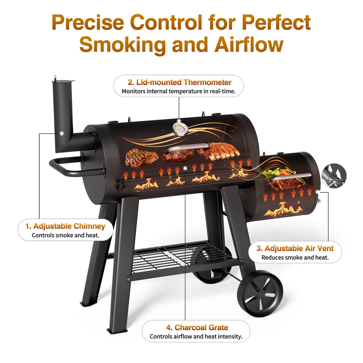 KingChii Offset Charcoal Smoker Grill with Adjustable Air Vents and Temperature Control