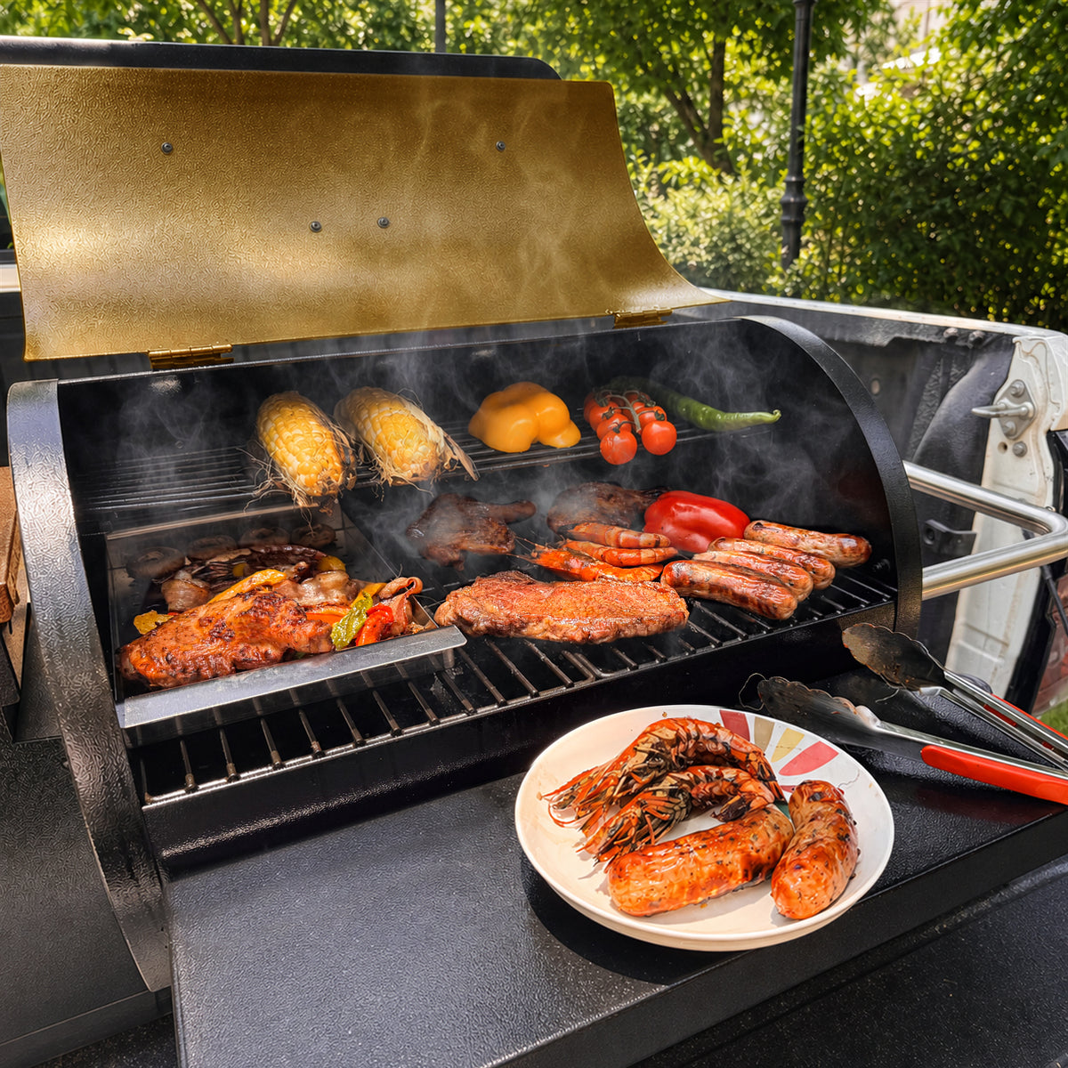 KingChii Wood Pellet Smoker Cooking Meat and Vegetables for Outdoor BBQ