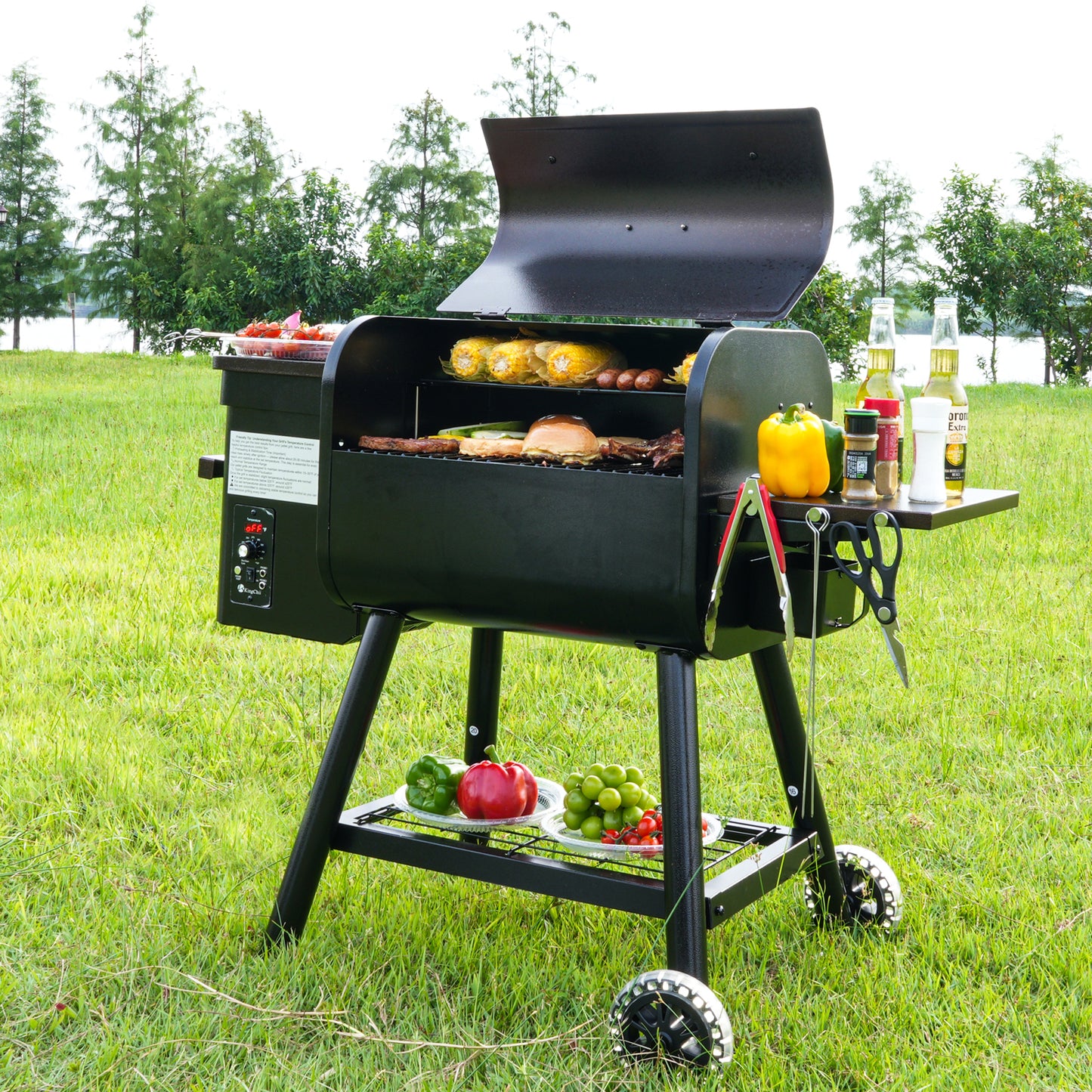 KingChii Pellet Grill Smoker with Side Shelf, 456 SQ.IN Grill with PID Temperature Control for Outdoor Cooking, BBQ Camping and Patio, Brown