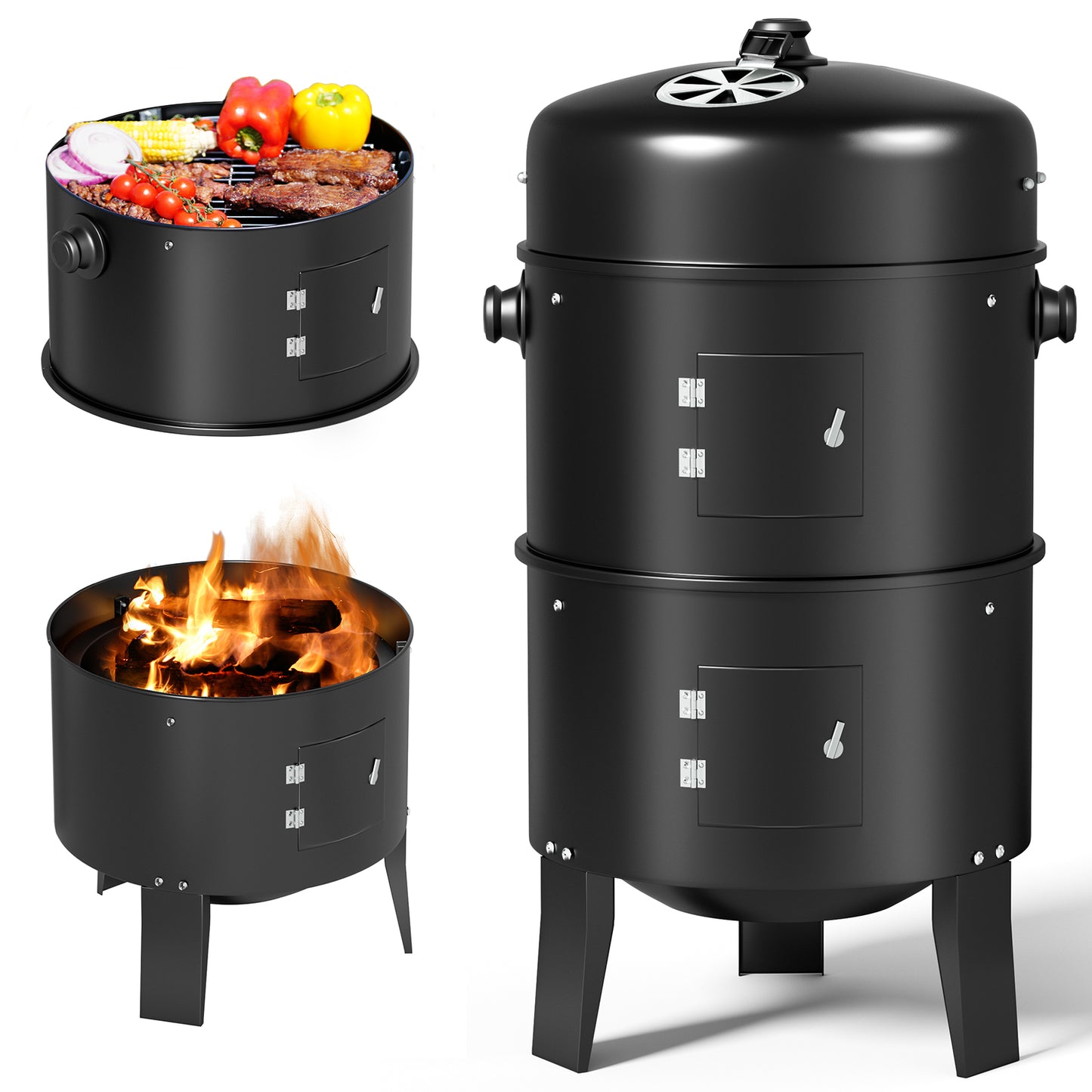 KingChii 3 in 1 Vertical Charcoal Smoker Grill BBQ Smoker for Outdoor, Patio Backyard Camping, Black