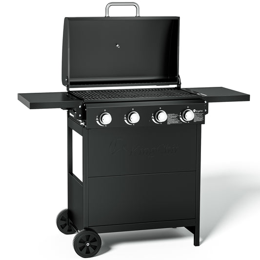 Kingchii 4-Burner Gas Grill 38,000 BTUs Propane Grill with Side Tables for Outdoor Grilling, BBQs and Camping