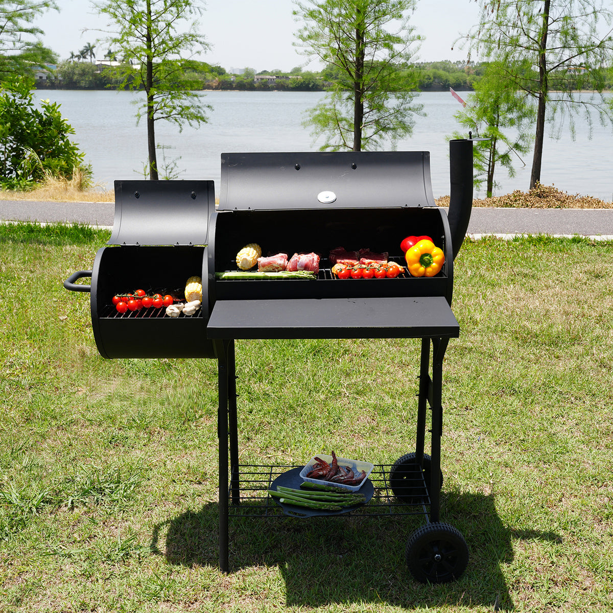 KingChii Offset Charcoal Smoker for Backyard BBQ Grilling and Smoking