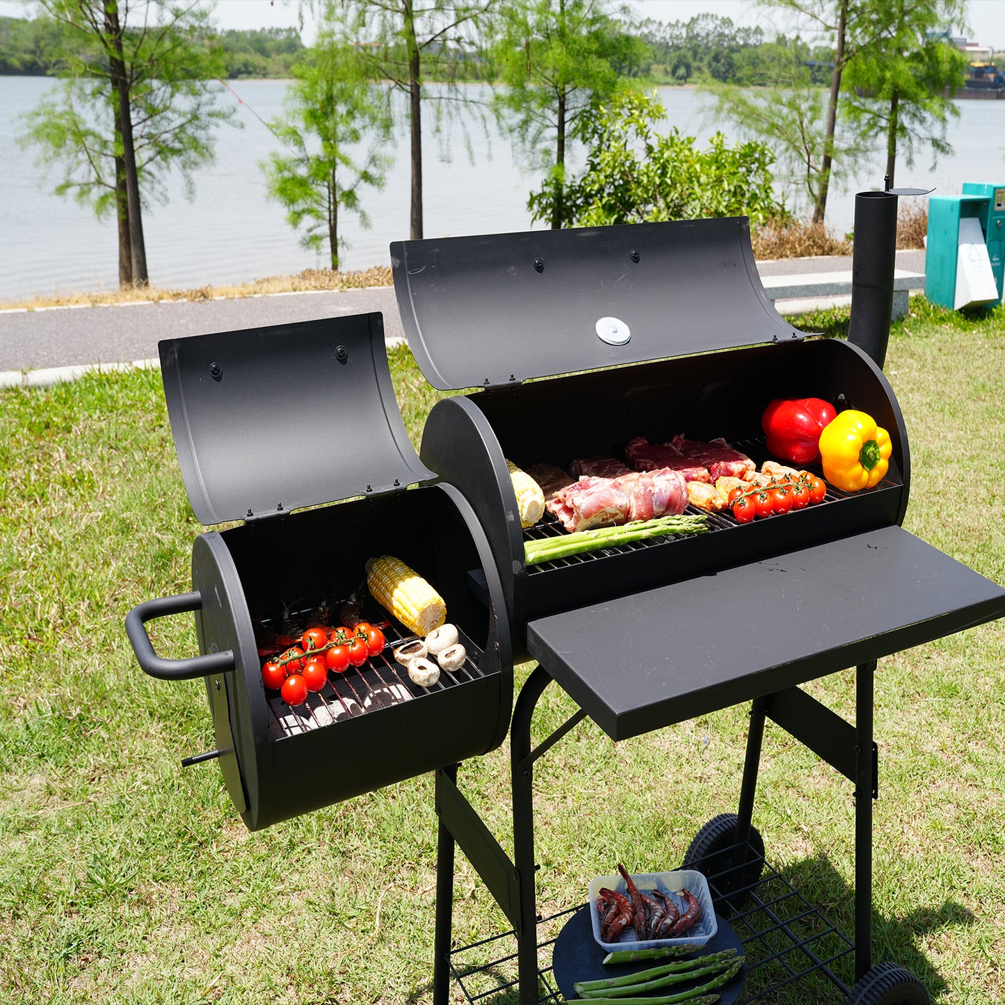 KingChii BBQ Charcoal Smoker and Grills, Offset Smoker for Outdoor, Garden, Patio and Backyard, Black