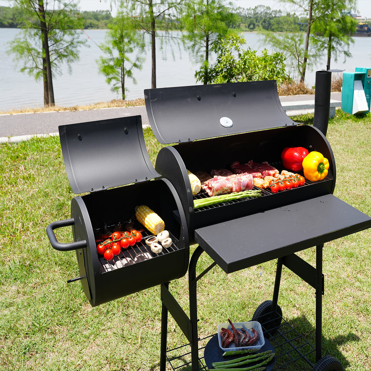 KingChii Offset Smoker with Side Firebox for Charcoal Grilling and Slow Smoking