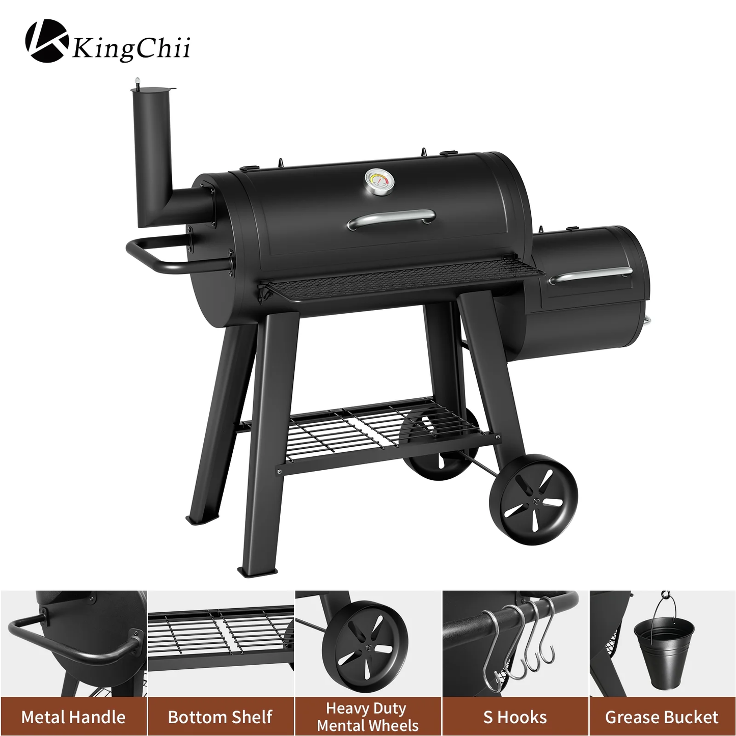 KingChii Heavy Duty Charcoal Grills with Charcoal Wood Offset Smokers for Outdoor Patio BBQ Grilling, 729 SQ.IN