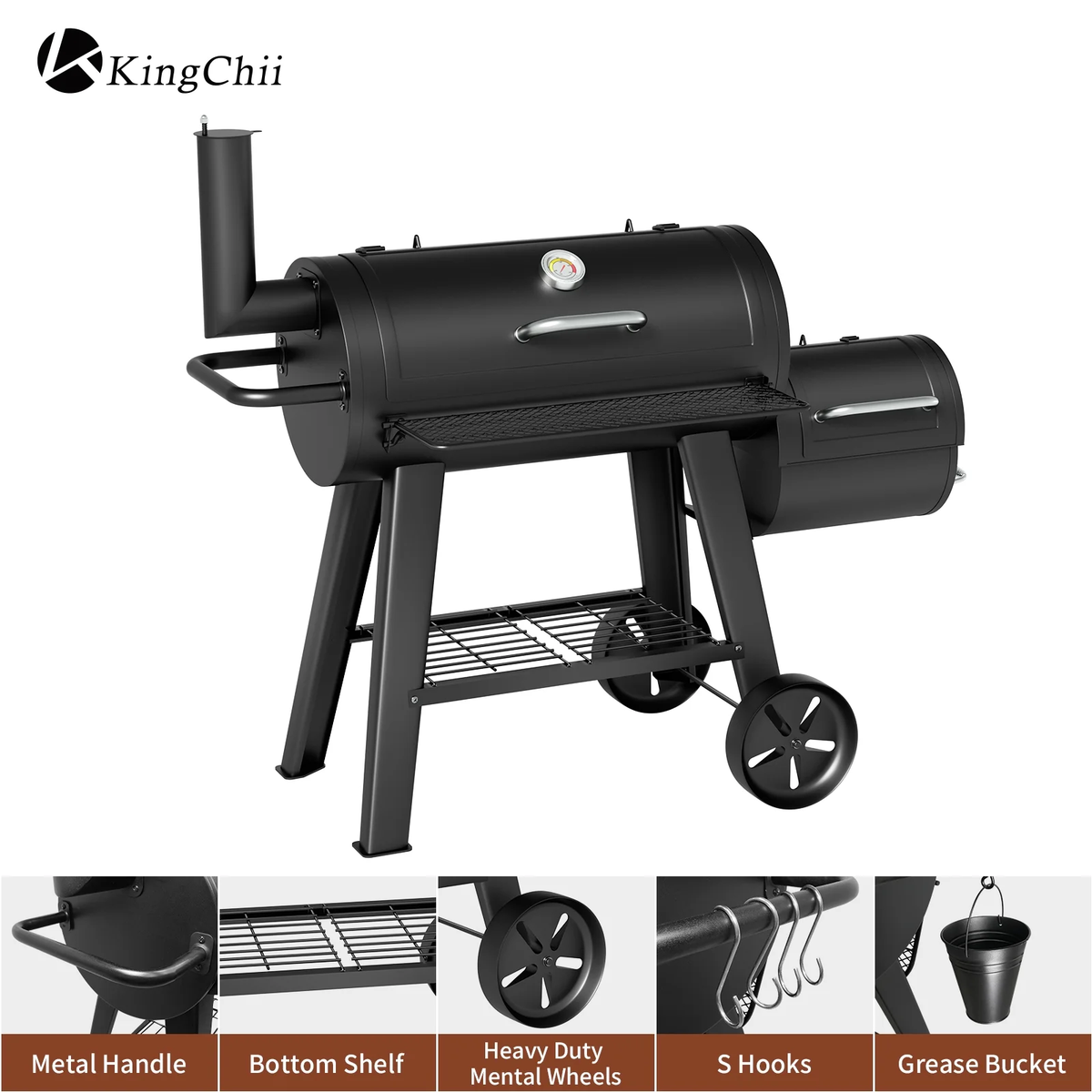 KingChii Charcoal Grill with Offset Smoker Side Firebox and Large Cooking Chamber