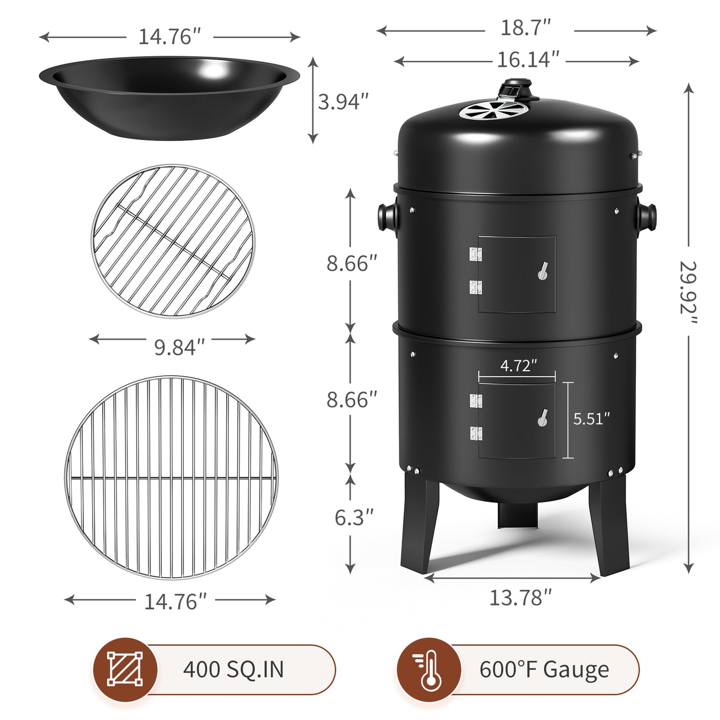 KingChii 3 in 1 Vertical Charcoal Smoker Grill BBQ Smoker for Outdoor, Patio Backyard Camping, Black