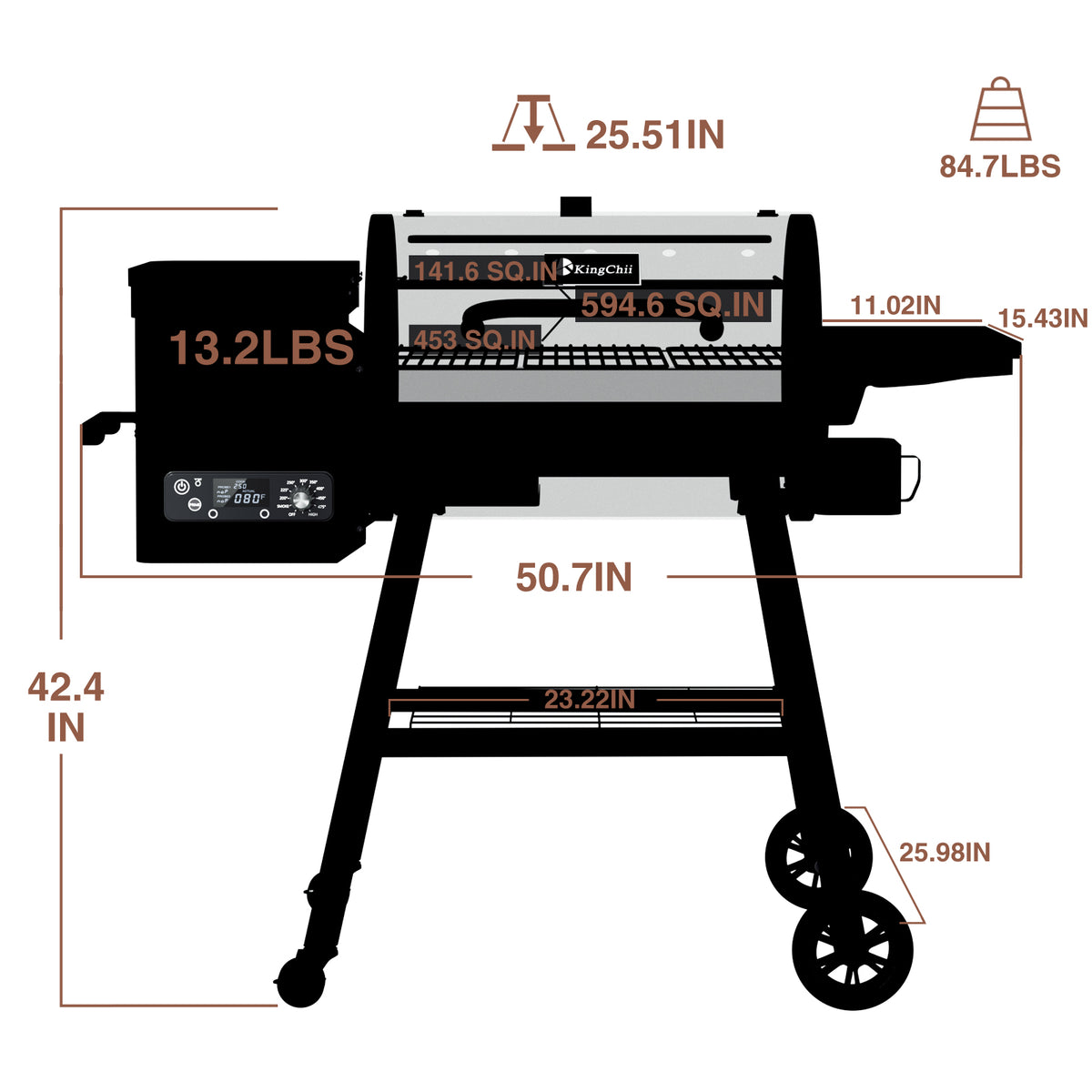 KingChii 595 Sq In Wood Pellet Grill and Smoker with Large Cooking Area