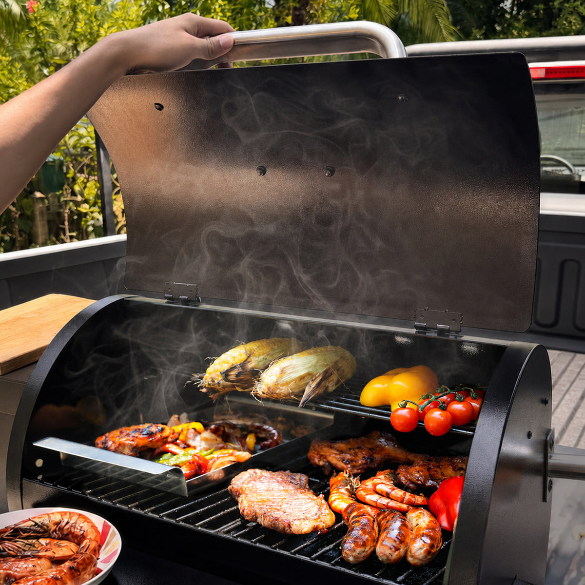 KingChii Pellet Smoker Grill Cooking Steak and Vegetables with Wood-Fired Flavor