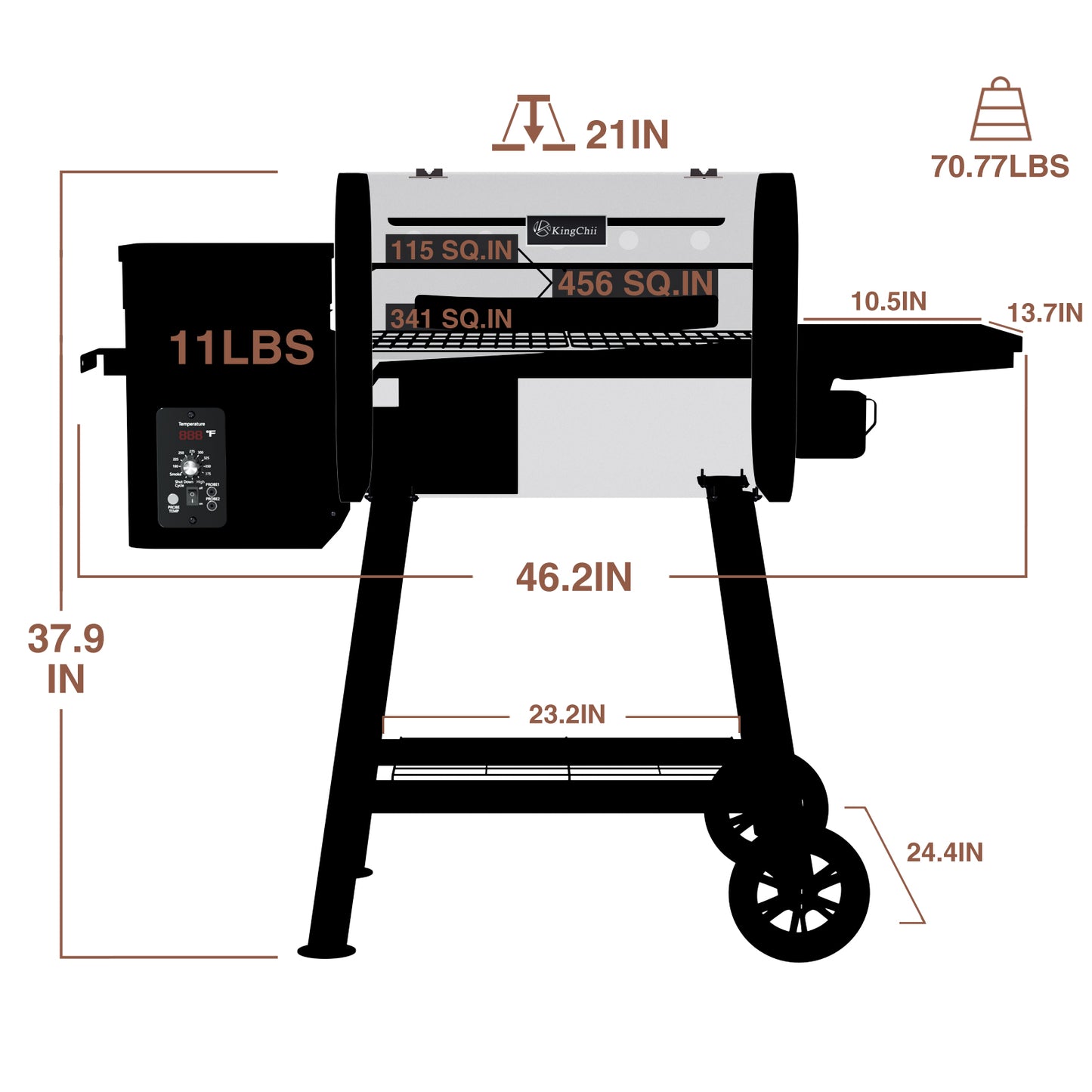 KingChii Pellet Grill Smoker with Side Shelf, 456 SQ.IN Grill with PID Temperature Control for Outdoor Cooking, BBQ Camping and Patio, Brown