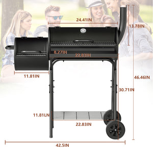 KingChii Offset Charcoal Smoker Dimensions with Cooking Chamber Firebox and Wheels