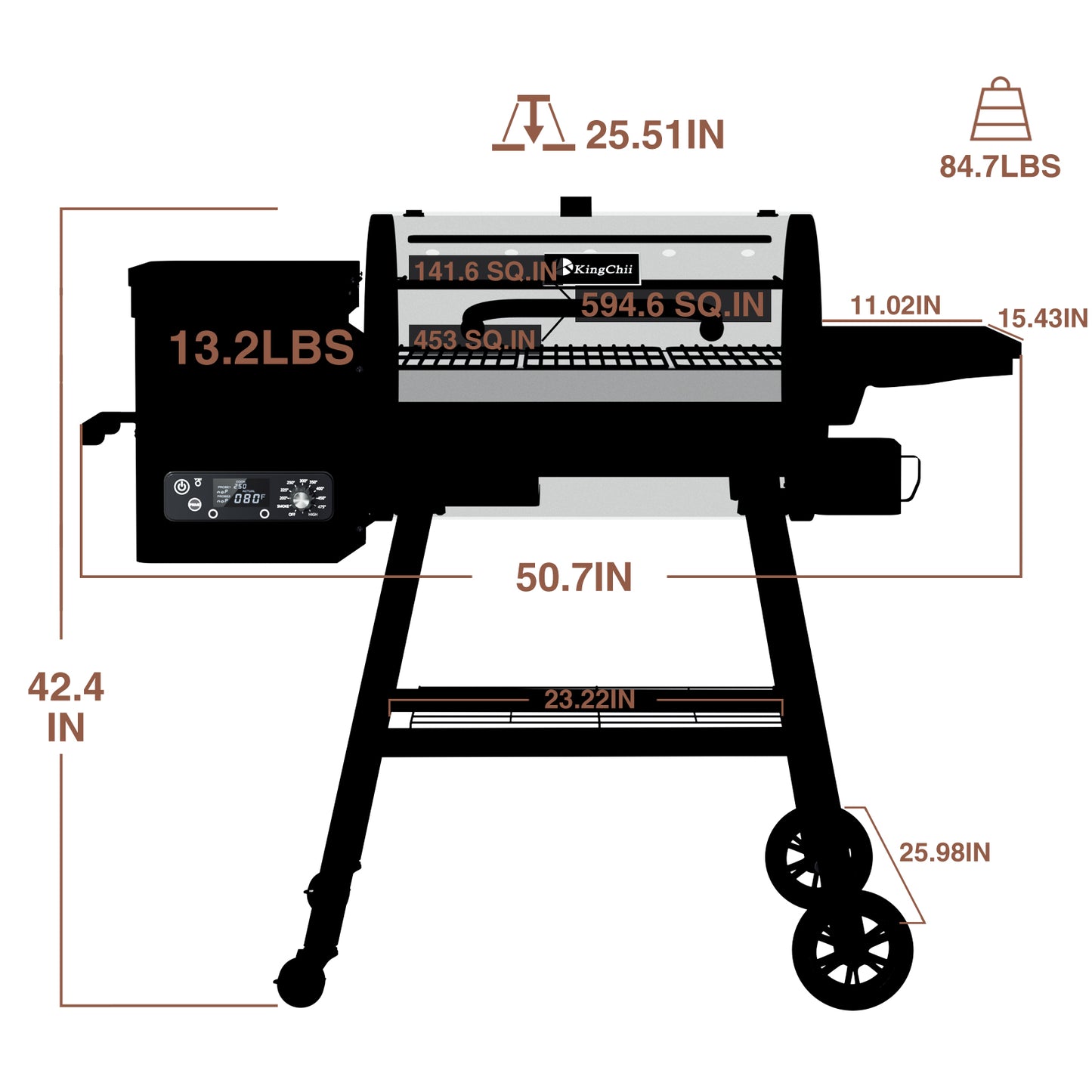 KingChii Wood Pellet Grill & Smoker, Electric Pellet Smoker Grill, 595 sq. in. Cooking Capacity, 13.2LB Hopper for Outdoor Patio Cooking Barbecue (Up to 500°F) , Bronze