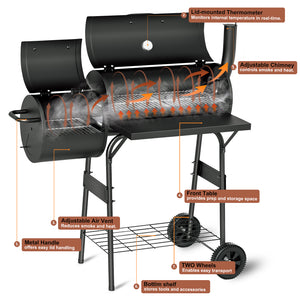 KingChii Outdoor Charcoal Grill and Smoker with Side Firebox and Temperature Control