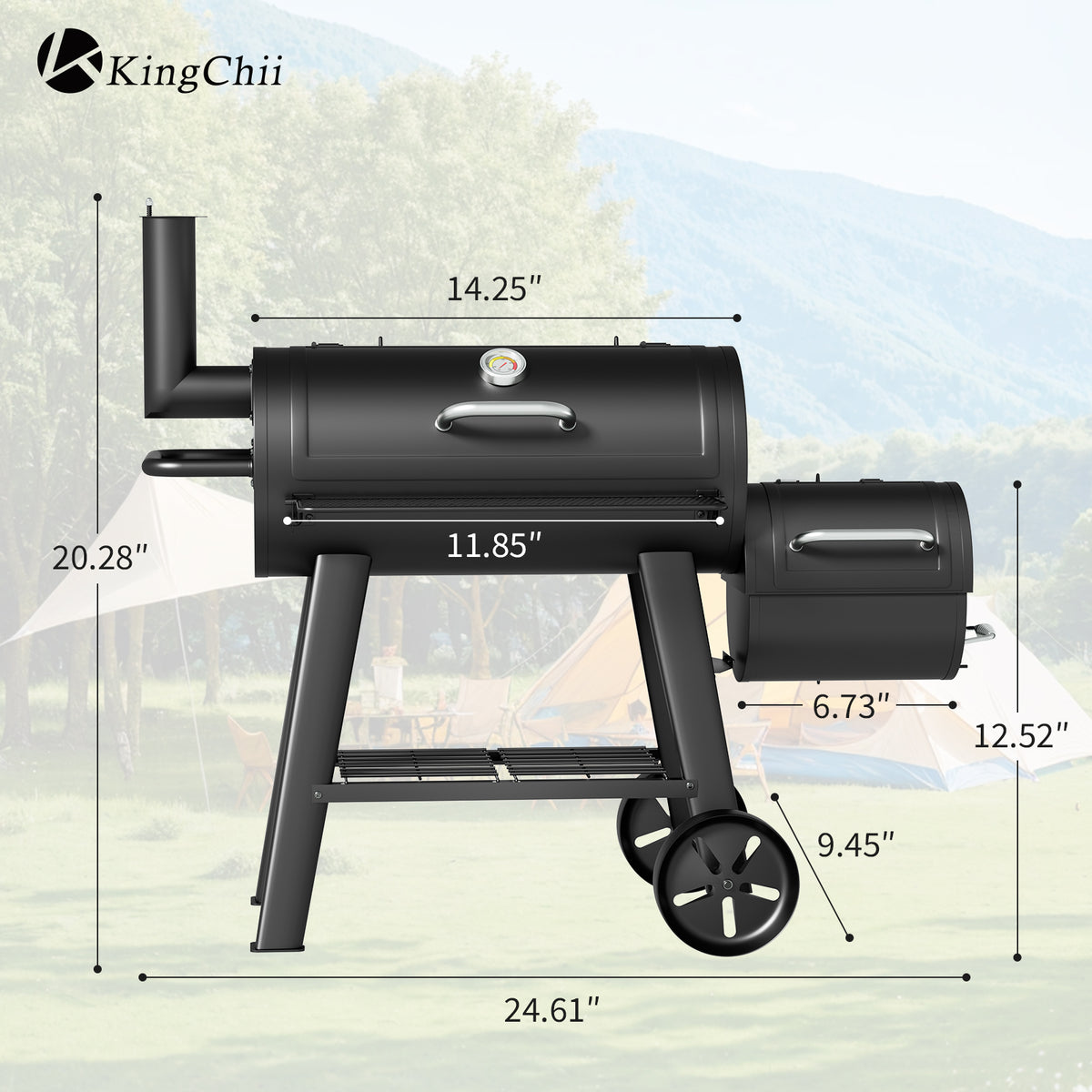 547 Sq In Charcoal BBQ Grill with Offset Smoker Side Firebox and Wheels