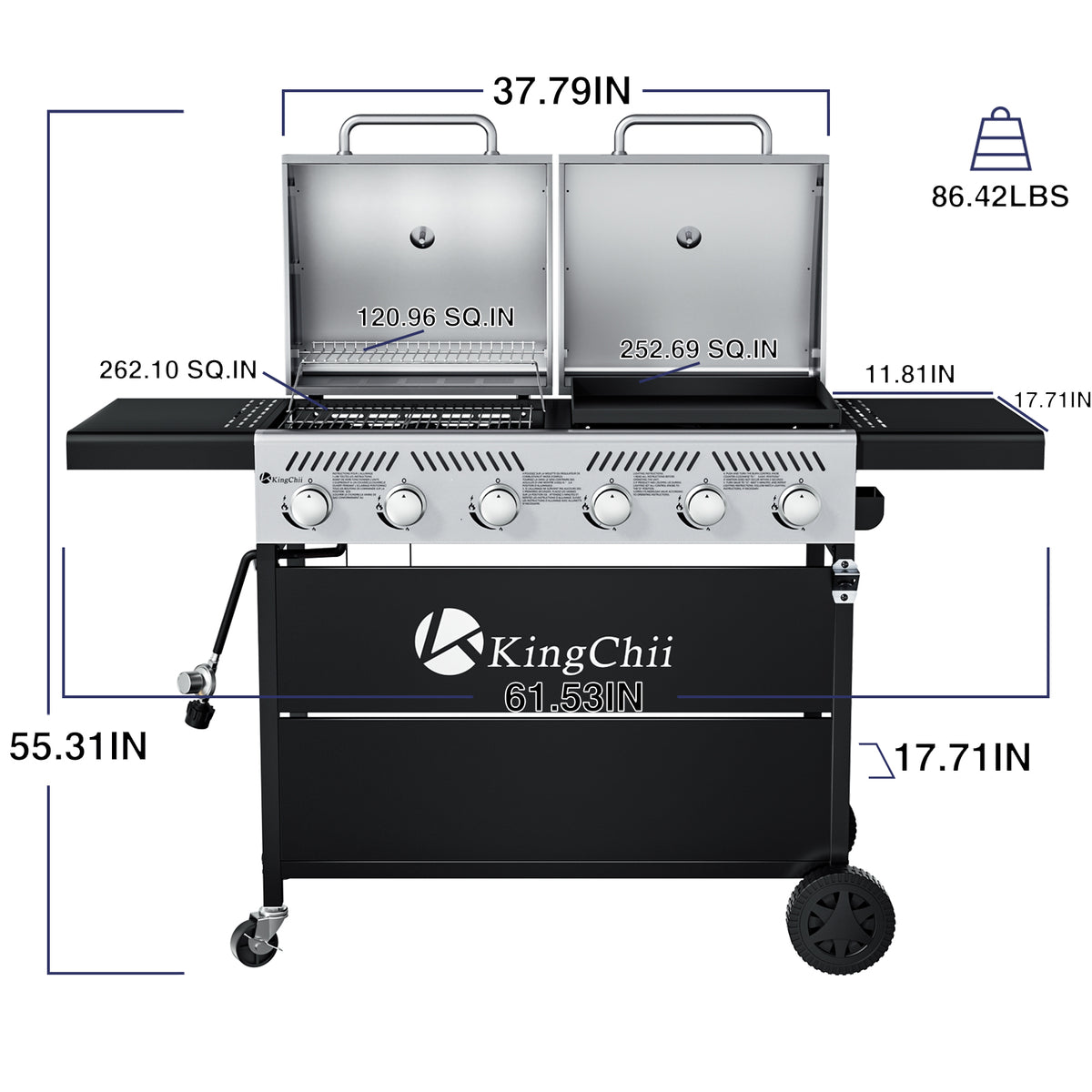 KingChii Propane Grill Griddle Combo with Dual Lids and Portable Wheels