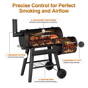 KingChii Offset Charcoal Smoker Grill with Adjustable Air Vent and Temperature Control