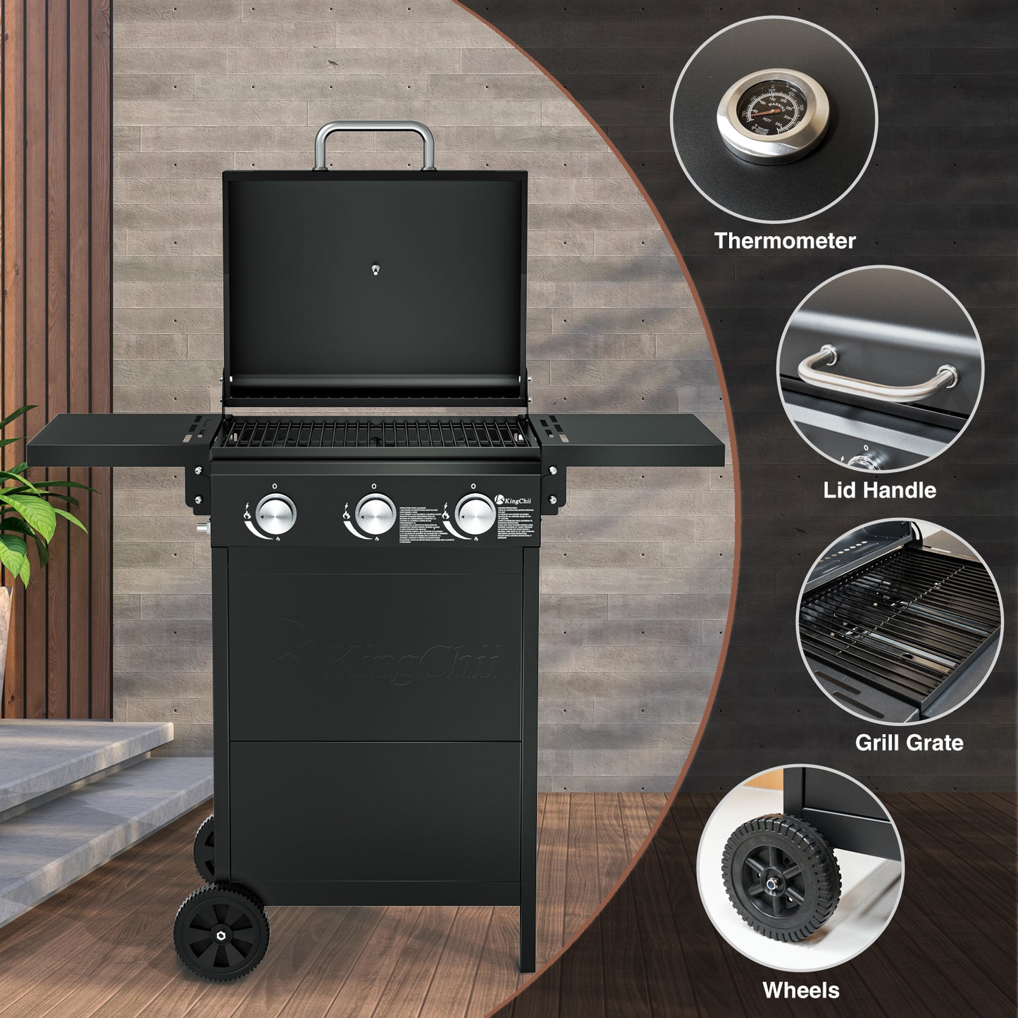 Kingchii 3-Burner Gas Grill 28,500 BTUs Propane Grill with Side Tables for Outdoor Grilling, BBQs and Camping