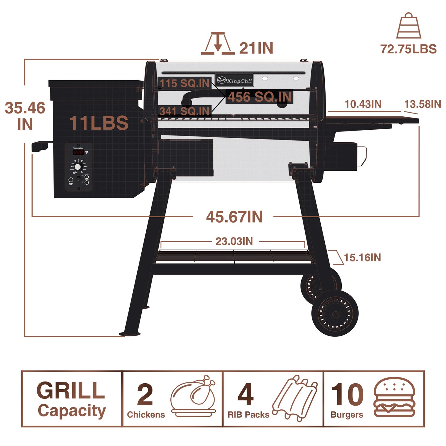 KingChii 456 SQ.IN Pellet Grill Smoker with Side Shelf, 8 IN 1 BBQ Grill with PID Temperature Control for Outdoor Cooking, BBQ Camping and Patio, Brown(Cover Including)