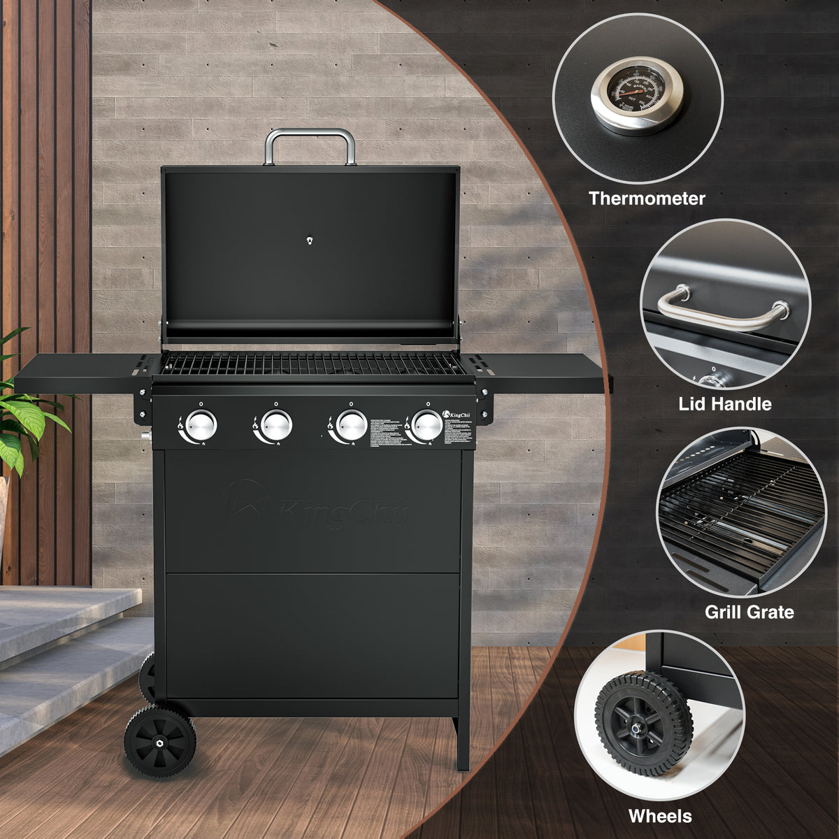 KingChii 4-Burner Propane Griddle with Hard Lid and Enclosed Storage Cabinet