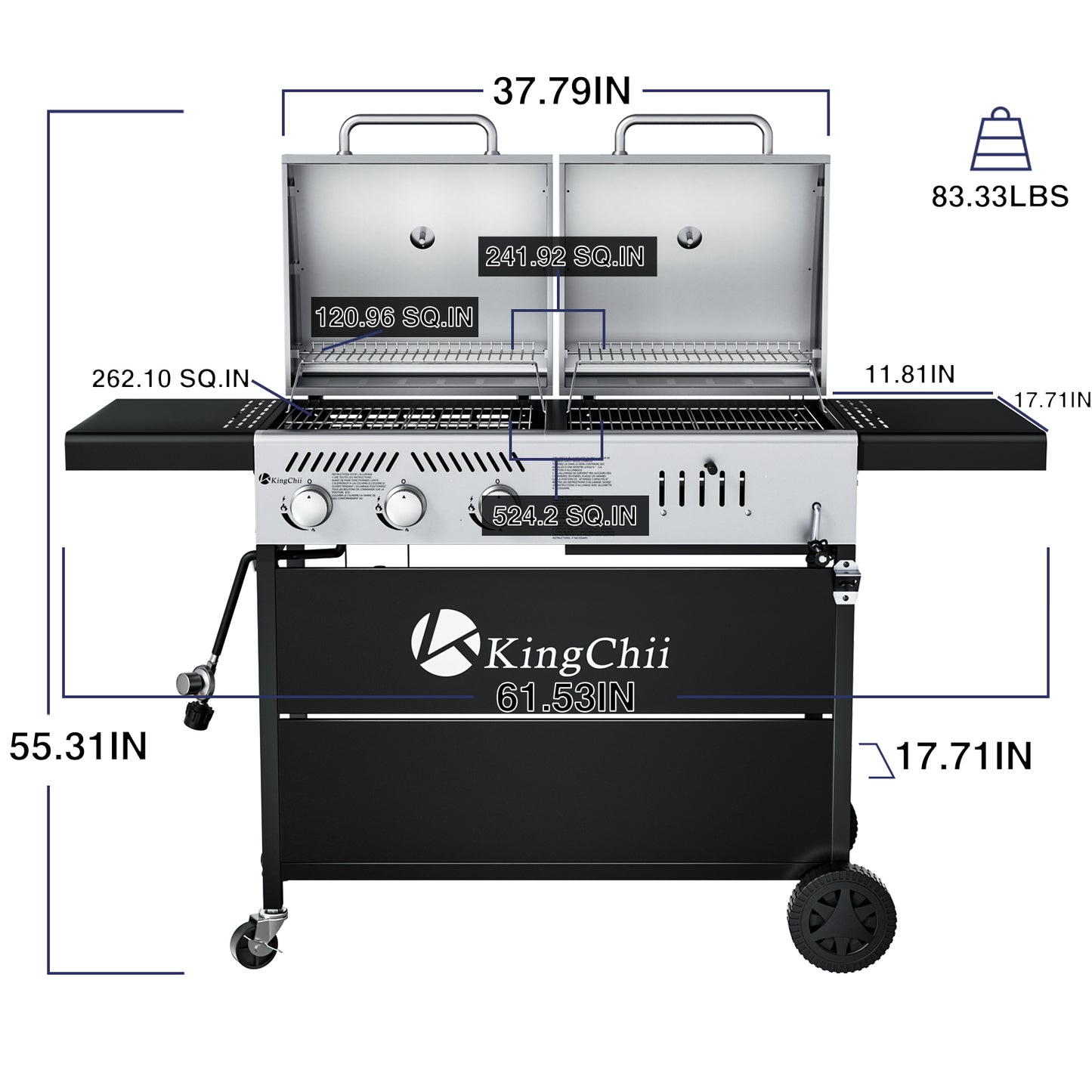 KingChii Gas and Charcoal Grill Combo with 22,500 BTU, Dual Fuel BBQ Smoker for Outdoor Patio Cooking Barbecue