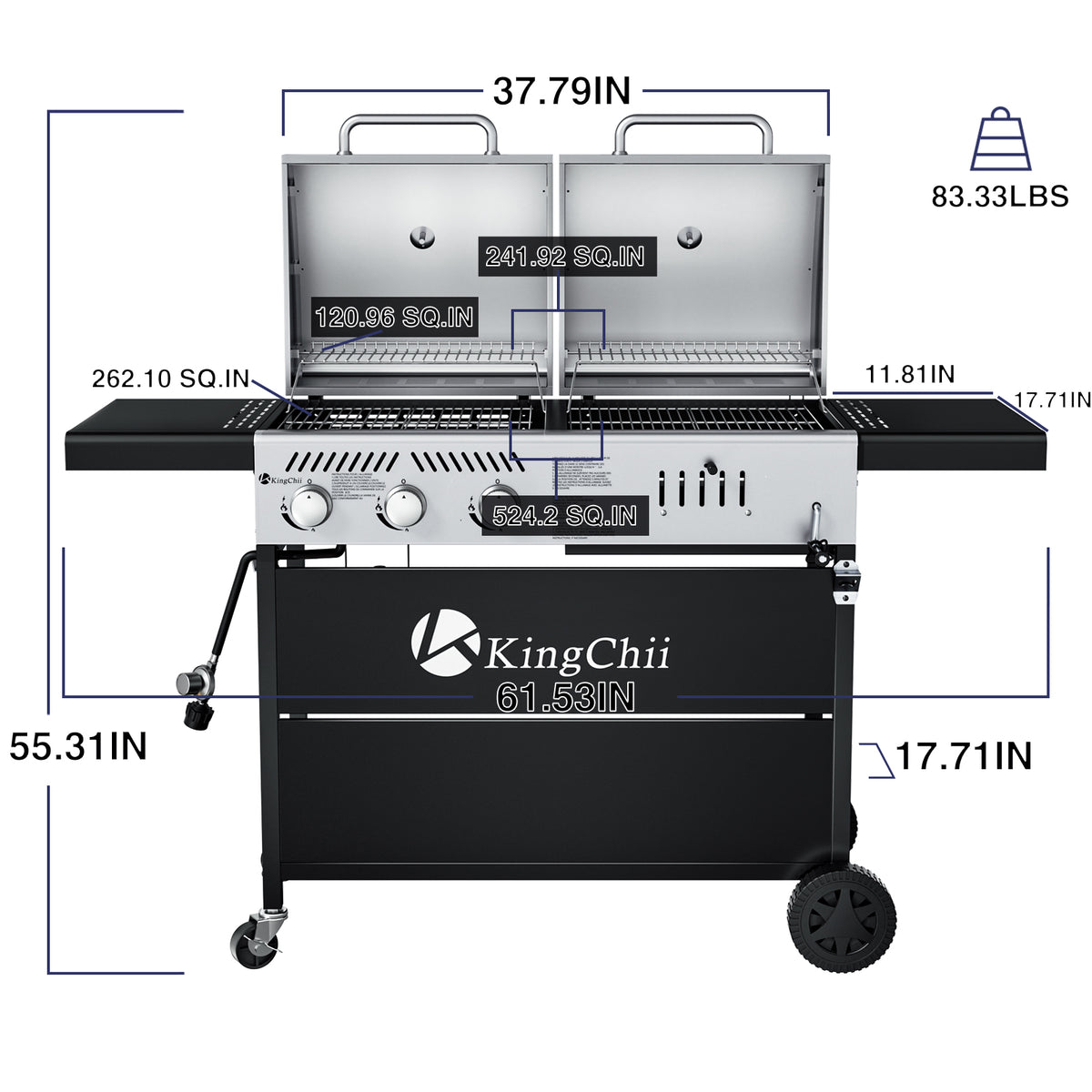 KingChii Heavy Duty Gas and Charcoal Grill Combo Dimensions and Large Cooking Area