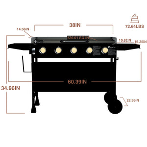 KingChii 38 Inch Outdoor Gas Griddle with Five Burners and Portable Cart Design