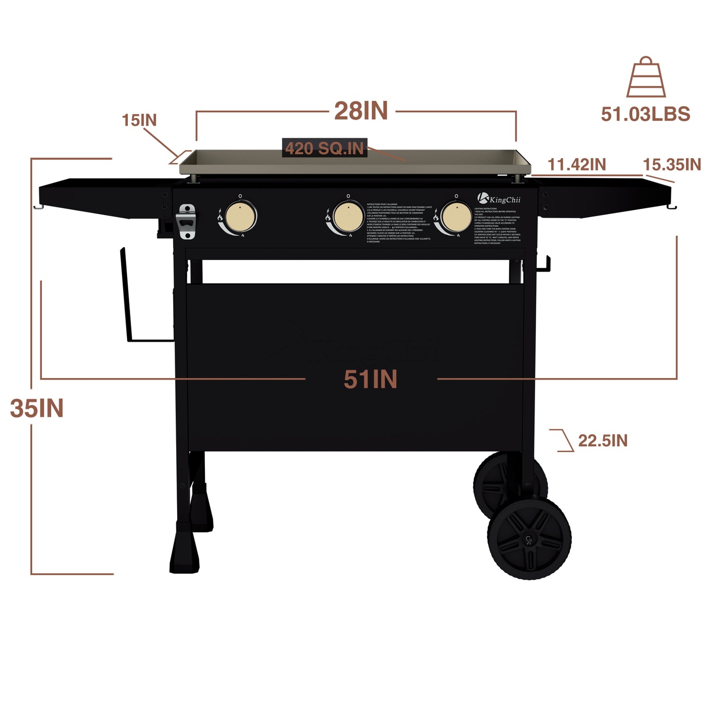 KingChii 3-Burner 28" Propane Griddle for Camping, Tailgating, BBQ, Parties, Backyard & Patio