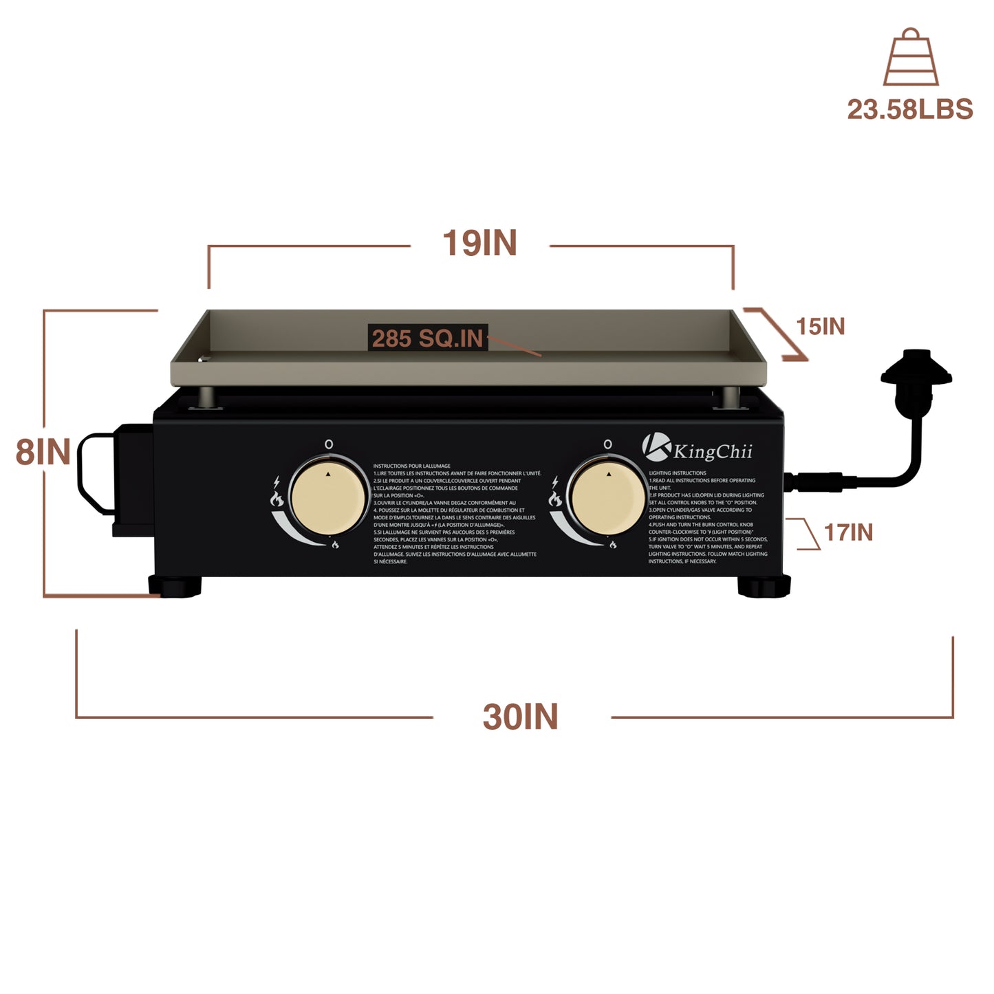 KingChii Portable 2-Burner 19" Propane Griddle Table Top Gas Grill Griddle in Black for Camping, Tailgating, BBQ, Backyard & Patio