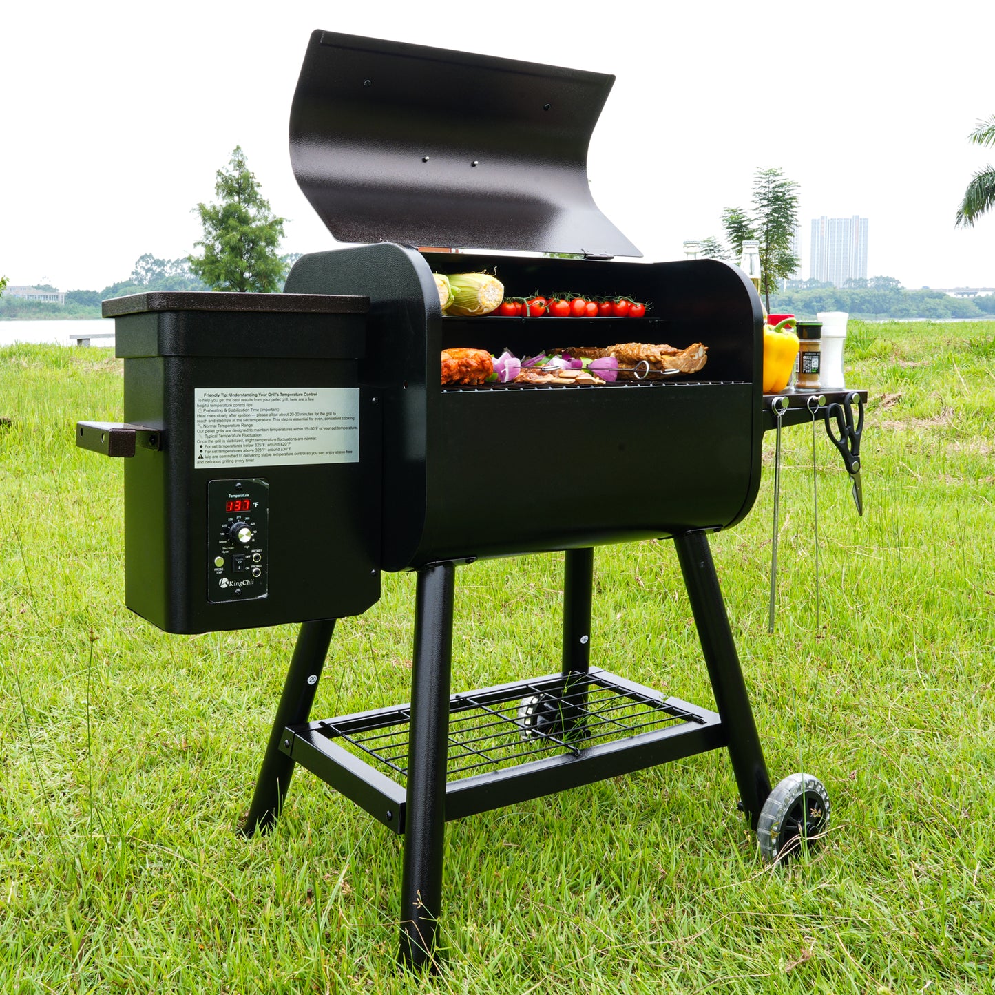 KingChii Pellet Grill Smoker with Side Shelf, 456 SQ.IN Grill with PID Temperature Control for Outdoor Cooking, BBQ Camping and Patio, Brown