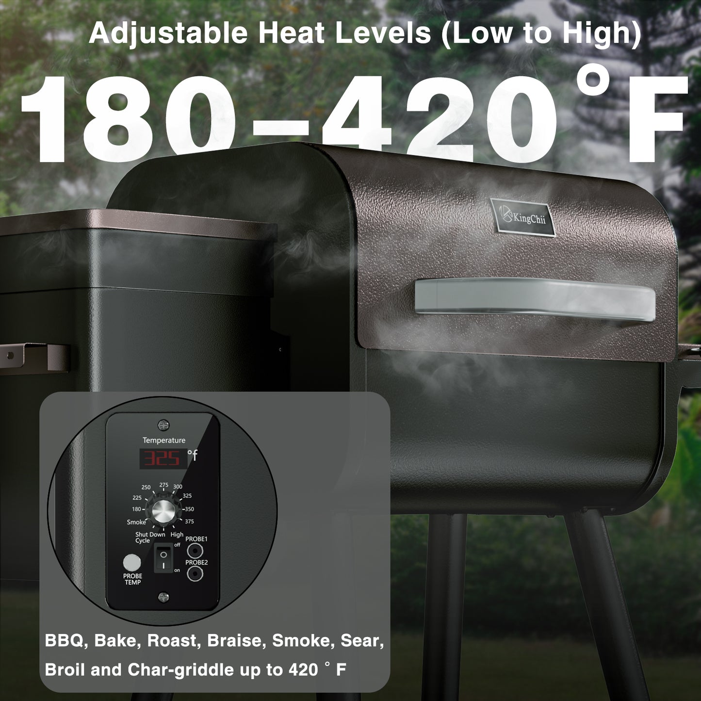 KingChii Pellet Grill Smoker with Side Shelf, 456 SQ.IN Grill with PID Temperature Control for Outdoor Cooking, BBQ Camping and Patio, Brown
