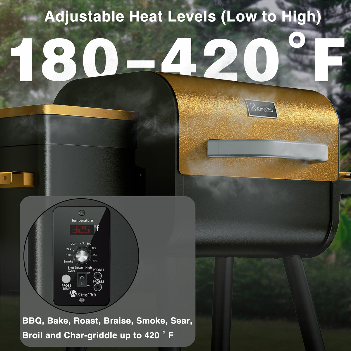 KingChii PID Wood Pellet Grill with 180-420°F Adjustable Temperature Control