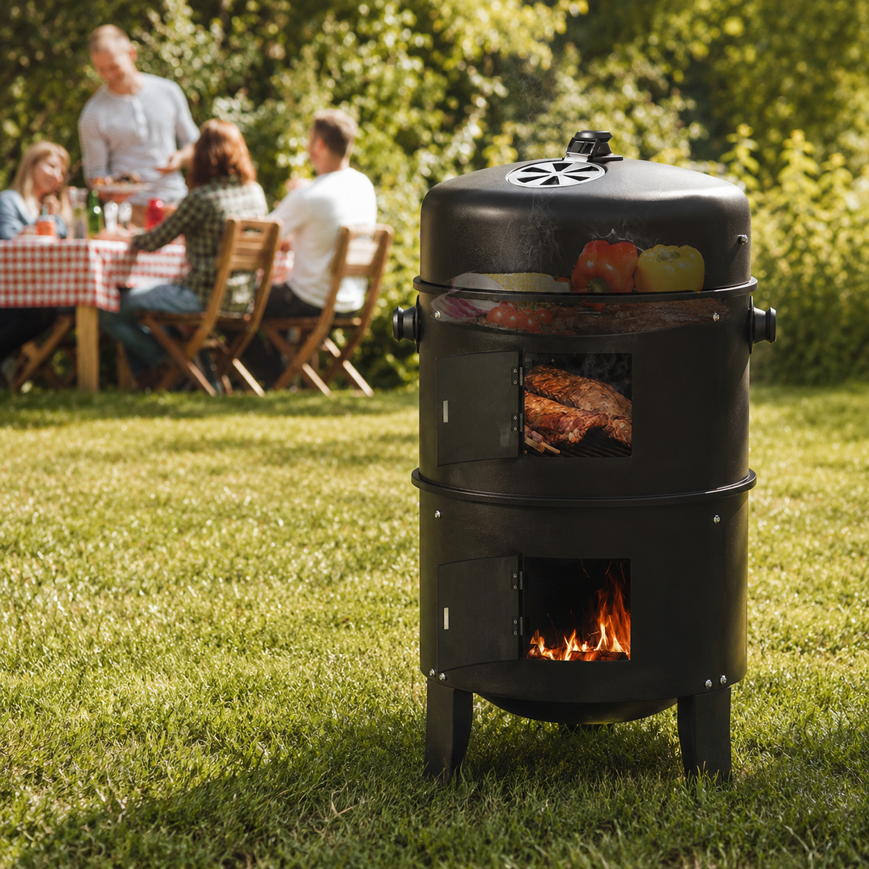 KingChii 3 in 1 Vertical Charcoal Smoker Grill BBQ Smoker for Outdoor, Patio Backyard Camping, Black