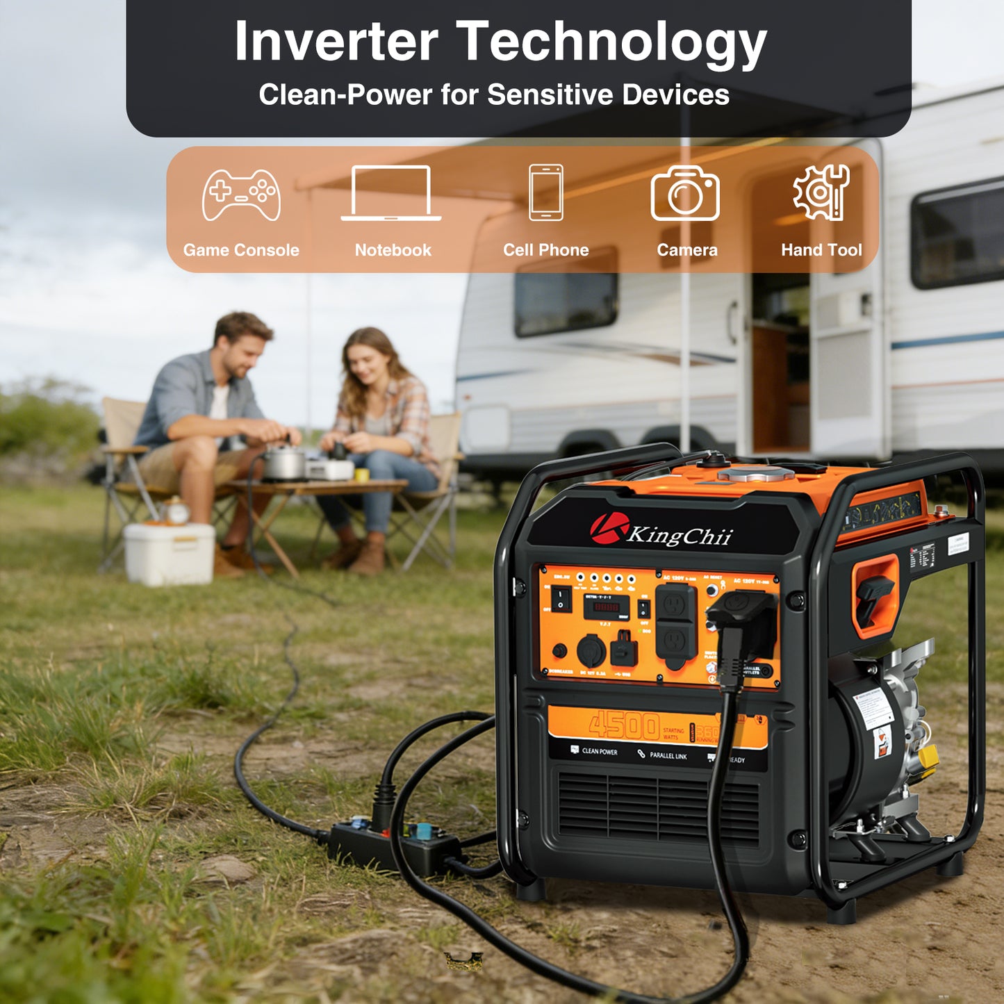 KingChii 4500W Inverter Generator Gas Powered, Open Frame Generator with CO Sensor, Portable Outdoor Power Equipment for Camping, RV & Home Backup, EPA Compliant
