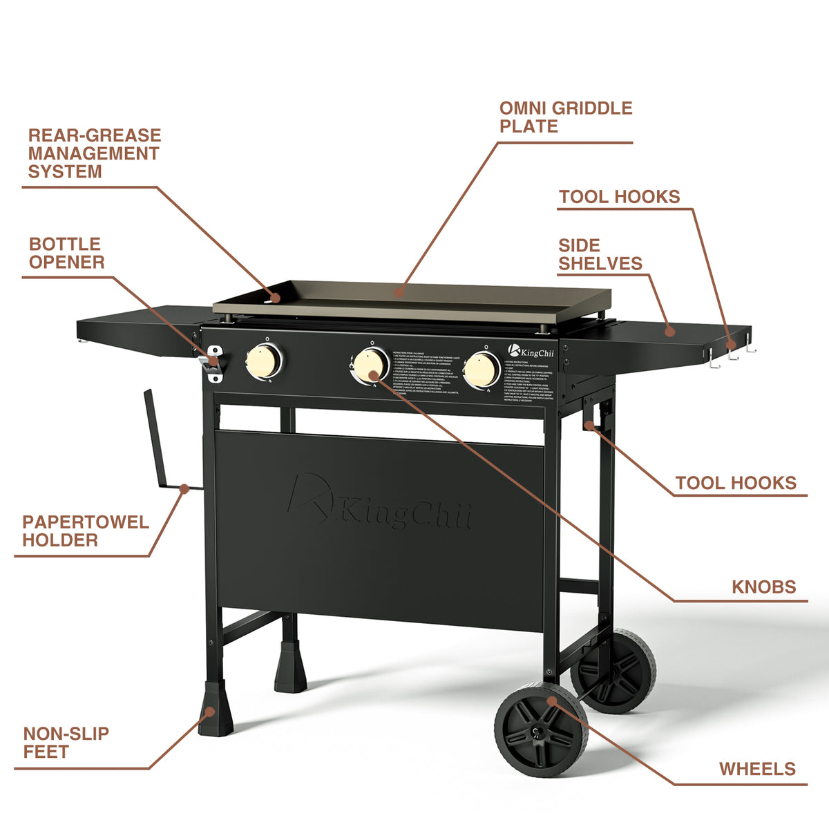 27 Inch 3-Burner Propane Griddle with Folding Side Shelves and Portable Stand
