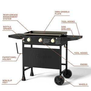 27 Inch 3-Burner Propane Griddle with Folding Side Shelves and Portable Stand