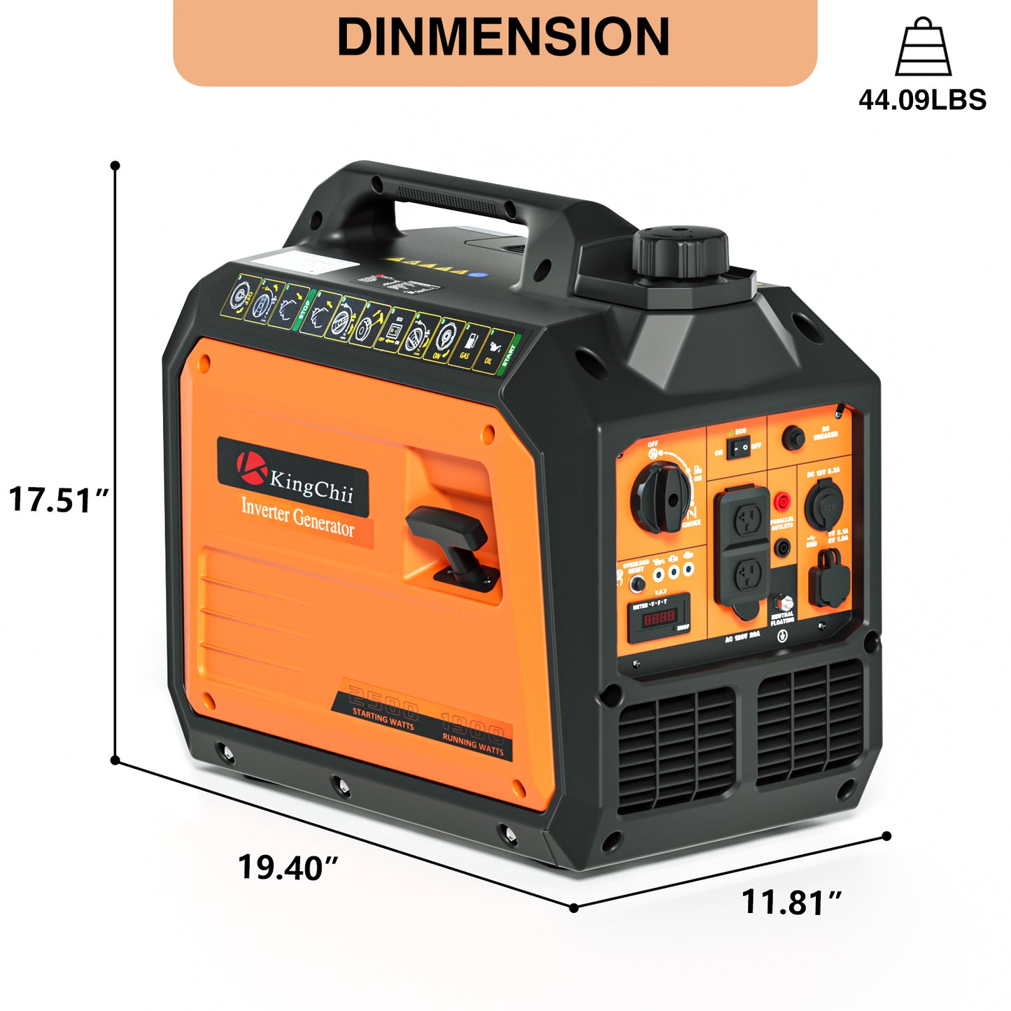 Kingchii 2500W Inverter Generator, Portable Gas Powered, RV Ready, ECO Mode, Low Oil Shutdown, EPA Compliant, for Camping & Home Backup