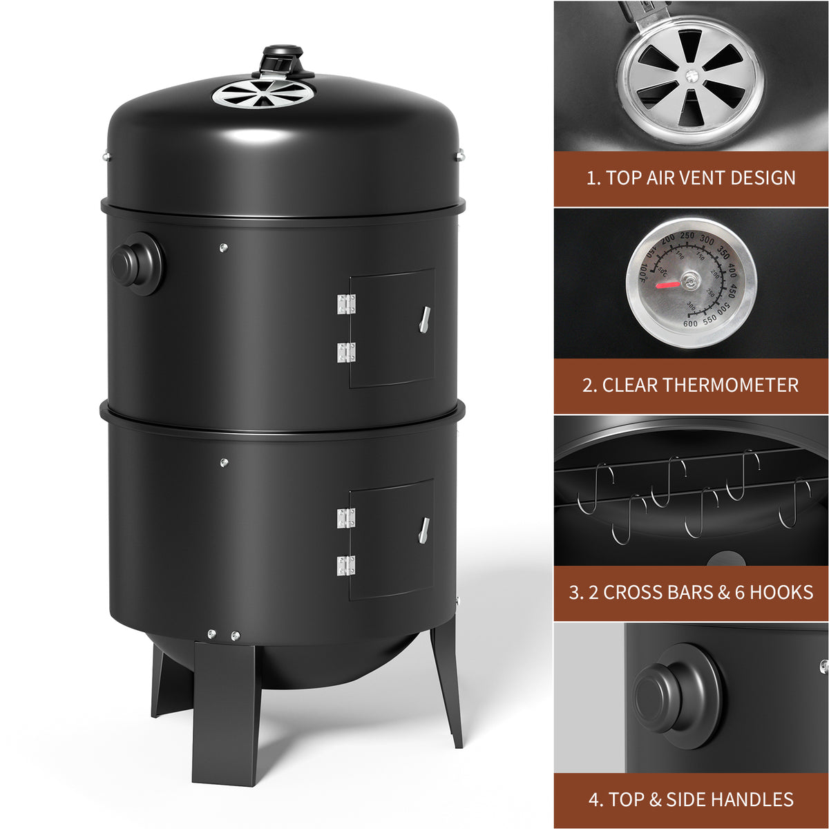 KingChii Vertical Charcoal BBQ Smoker with Built-In Thermometer and Adjustable Air Vent