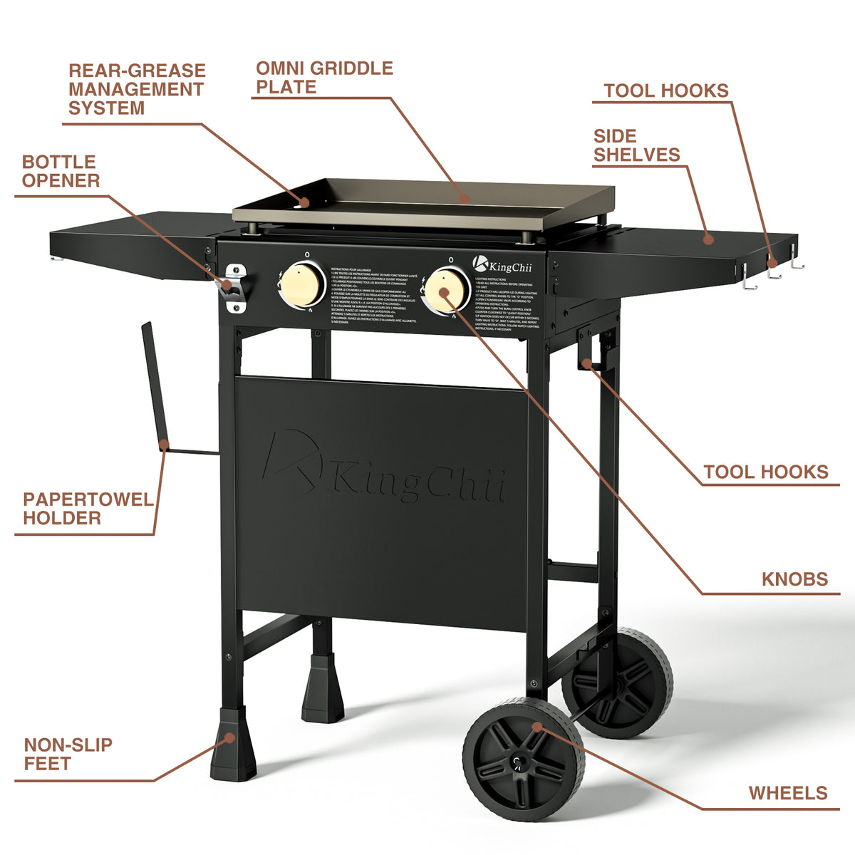 18.5 Inch 2-Burner Propane Griddle with Folding Side Shelves and Portable Cart