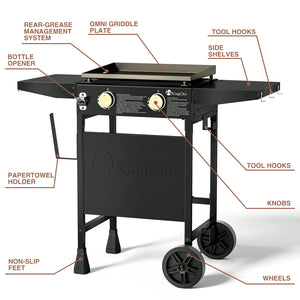 18.5 Inch 2-Burner Propane Griddle with Folding Side Shelves and Portable Cart