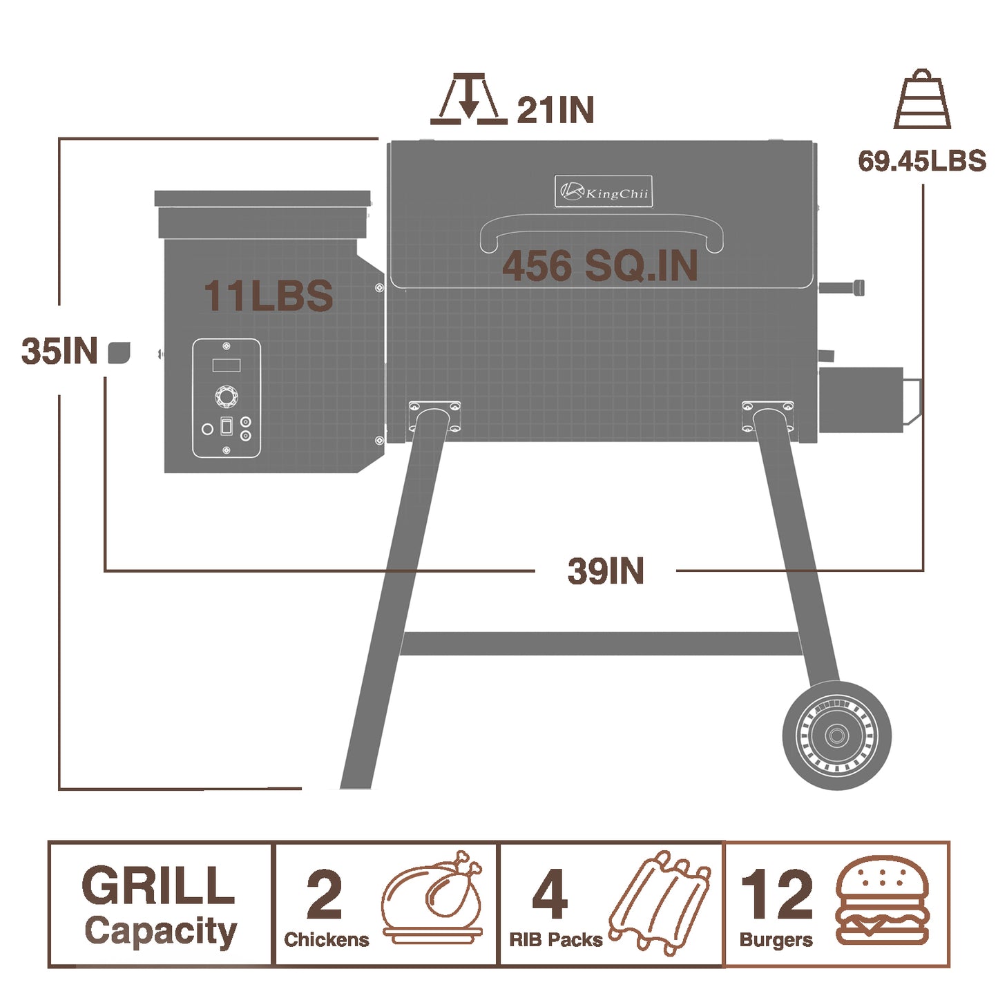 KingChii 456 SQ.IN Wood Pellet Grill Smoker with Auto Temperature Control for Outdoor RV 8-in-1 BBQ, Bronze