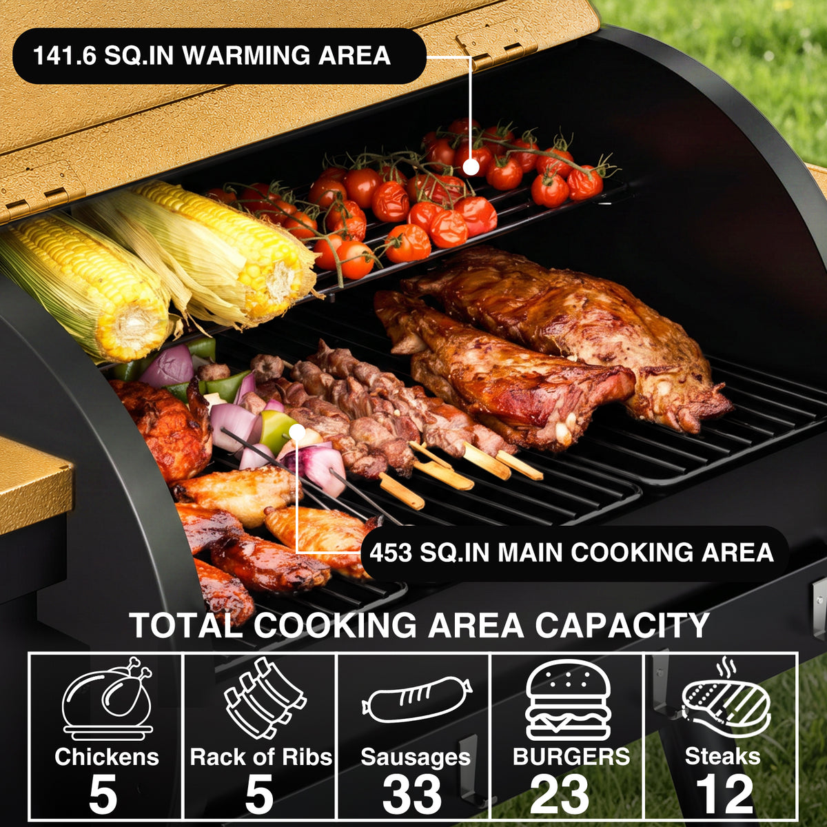 KingChii 8-in-1 Pellet Smoker Grill for Smoking Ribs Steak and BBQ Meat