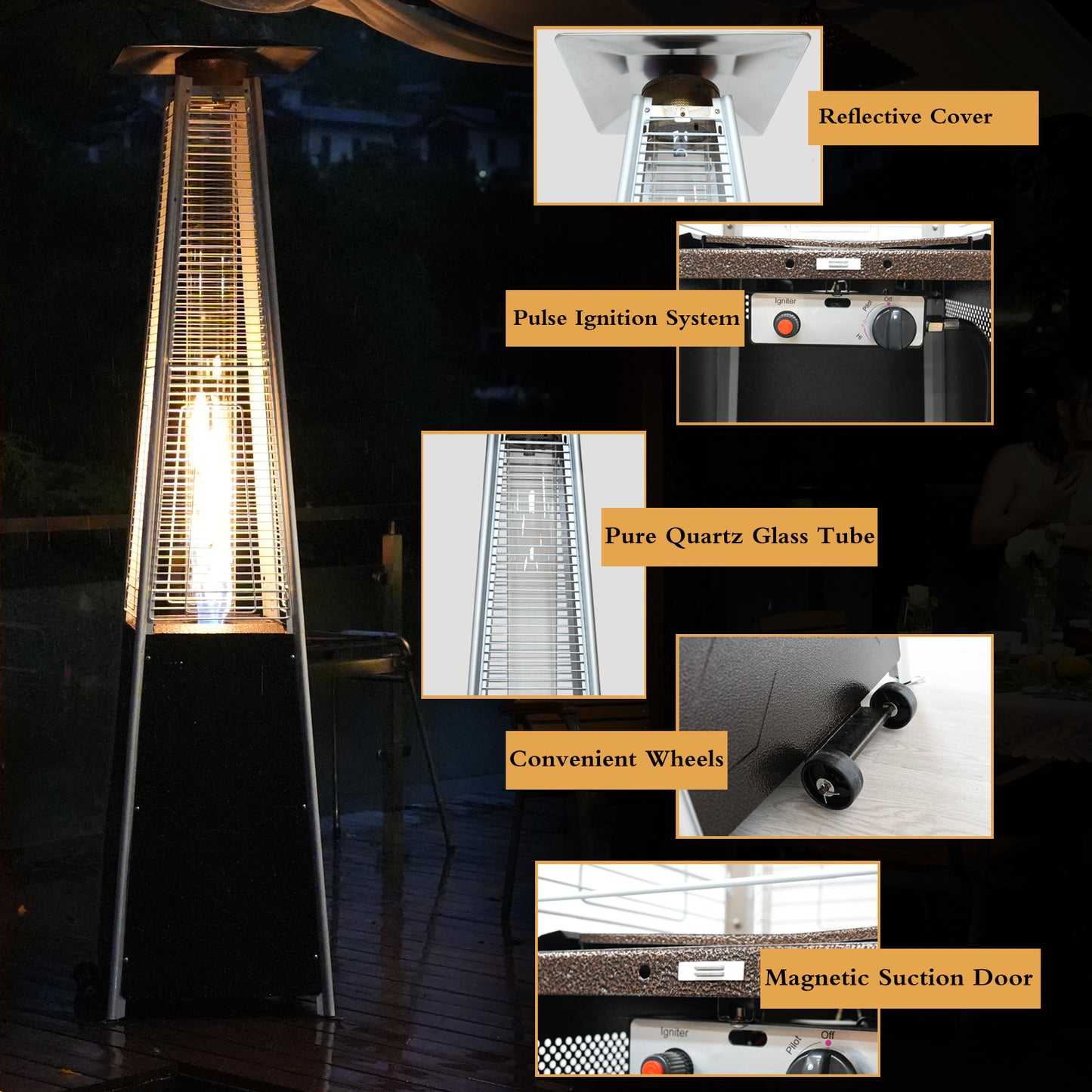 Kingchii 48,000 BTU Pyramid Outdoor Heater with Wheels for Patio, Backyard, Pool, Commercial & Residential