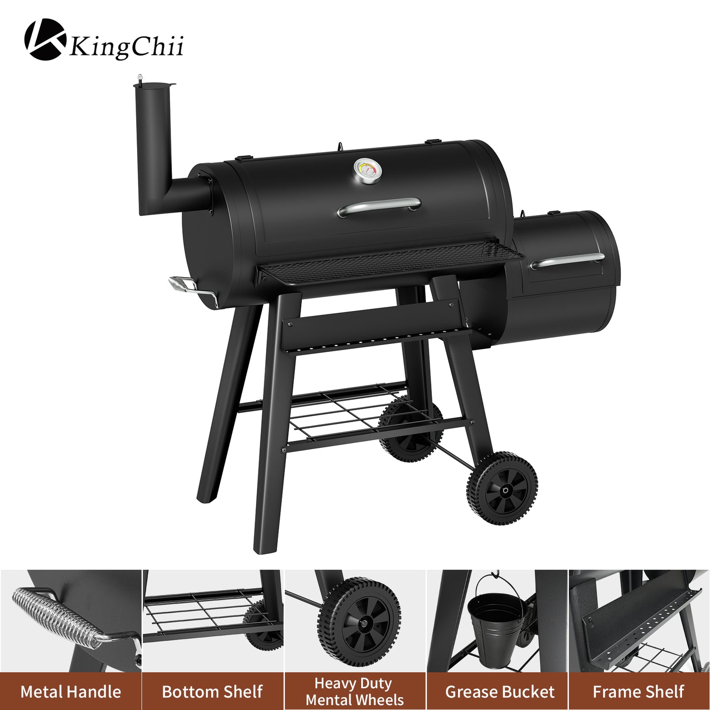 KingChii Outdoor Charcoal BBQ Grill with Side Firebox and Storage Rack