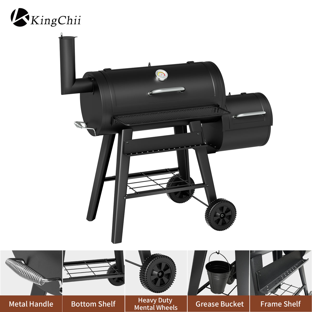 KingChii Outdoor Charcoal BBQ Grill with Side Firebox and Storage Rack