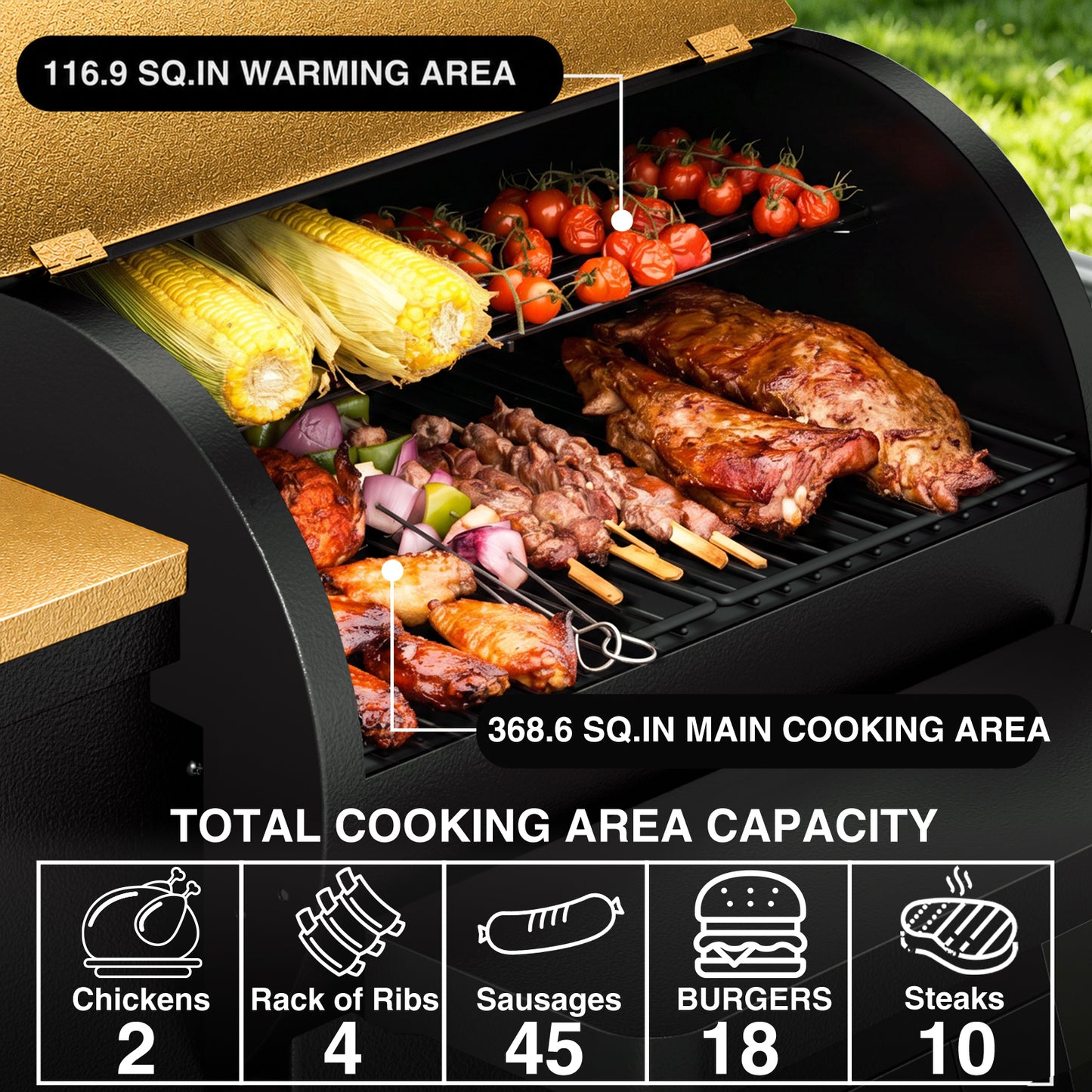 KingChii Wood Pellet Grill & Smoker with Detachable Body and Legs, Electric Pellet Smoker Grill, 485 Sq. In. Cooking Capacity, Easy to Move & Compact Storage for Outdoor Patio BBQ(Up to 425°F)