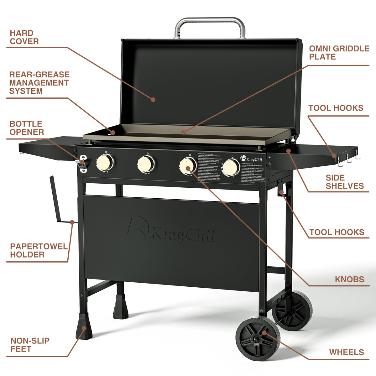 KingChii 30.6 Inch Propane Griddle with Lid Portable Cart and Side Shelves