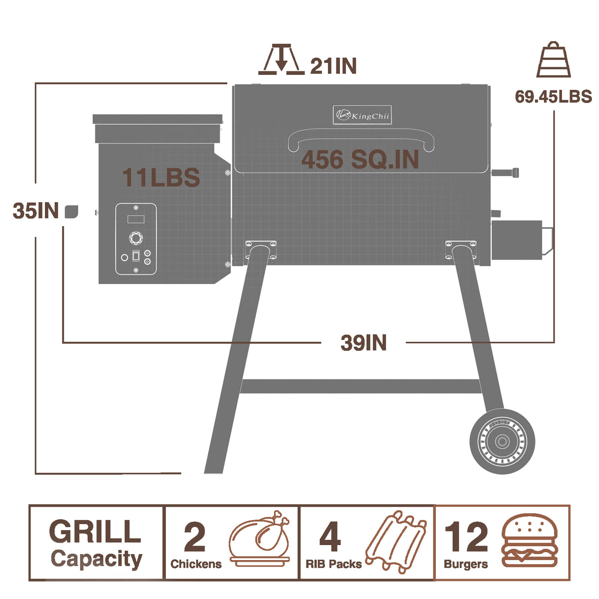 KingChii 456 Sq In Wood Pellet Grill Dimensions and Cooking Capacity for Patio BBQ