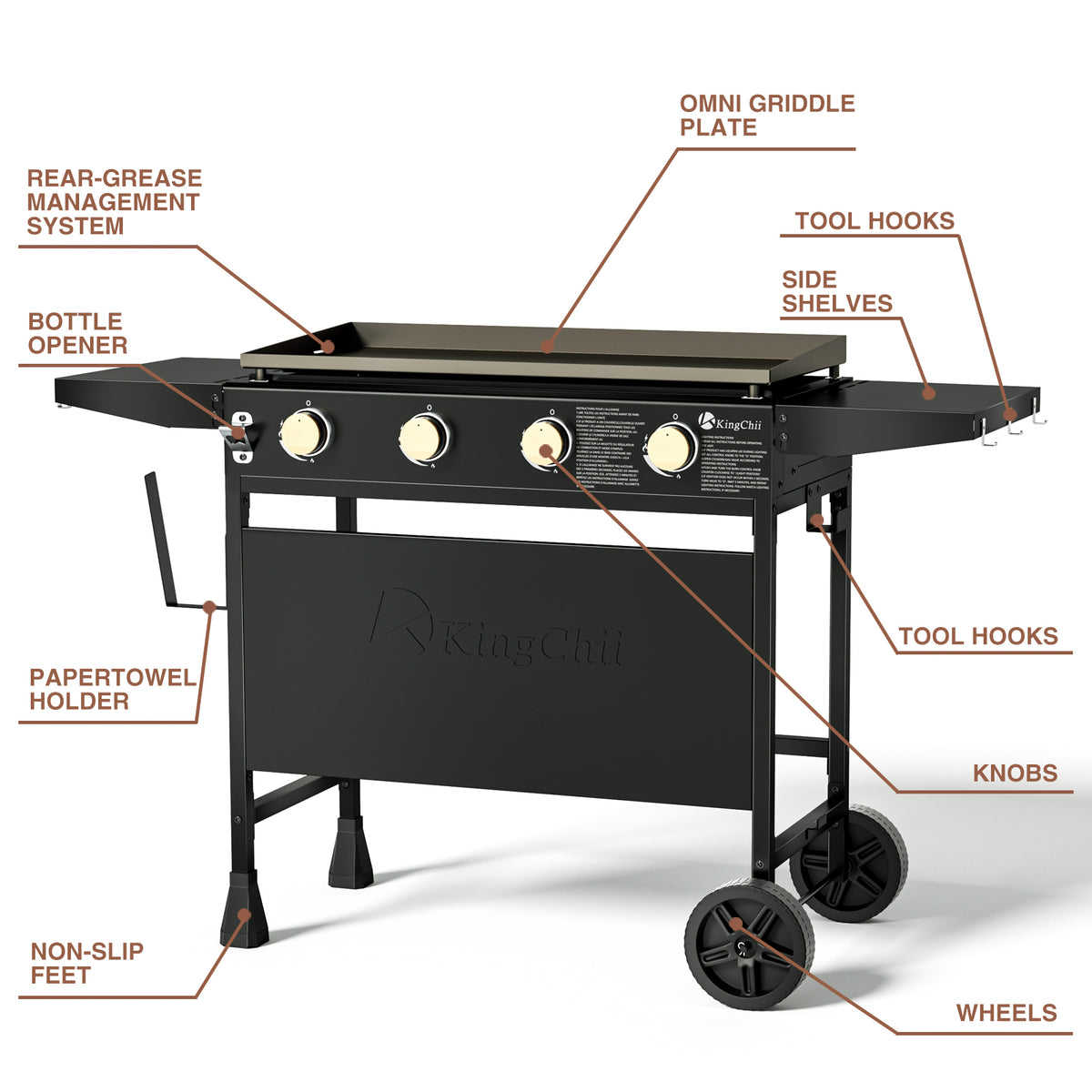 KingChii 30.6 Inch Outdoor Gas Griddle with Folding Side Shelves and Portable Cart
